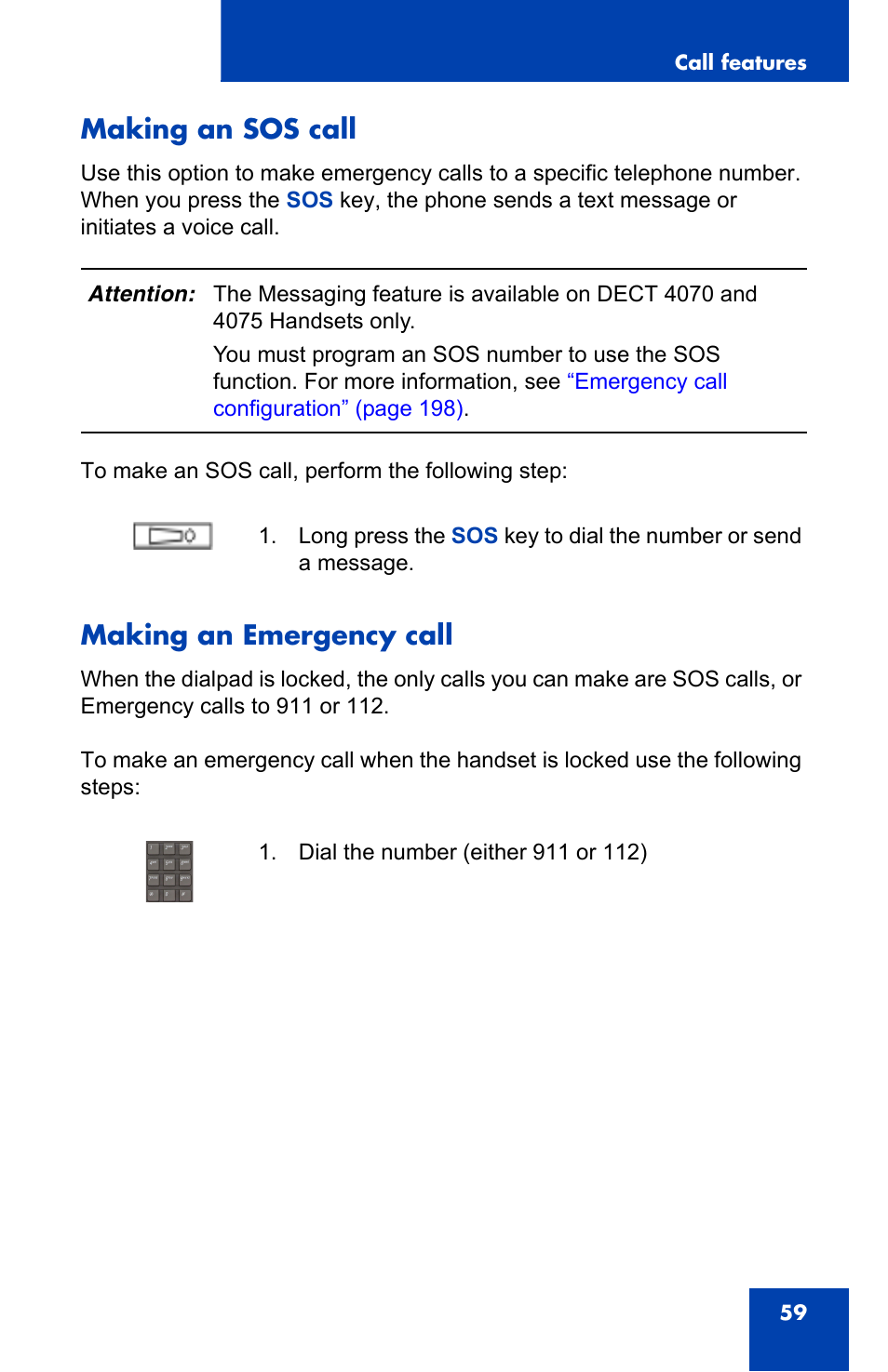 Making an sos call, Making an emergency call, Making an sos call making an emergency call | Nortel Networks Nortel 4075 User Manual | Page 59 / 244