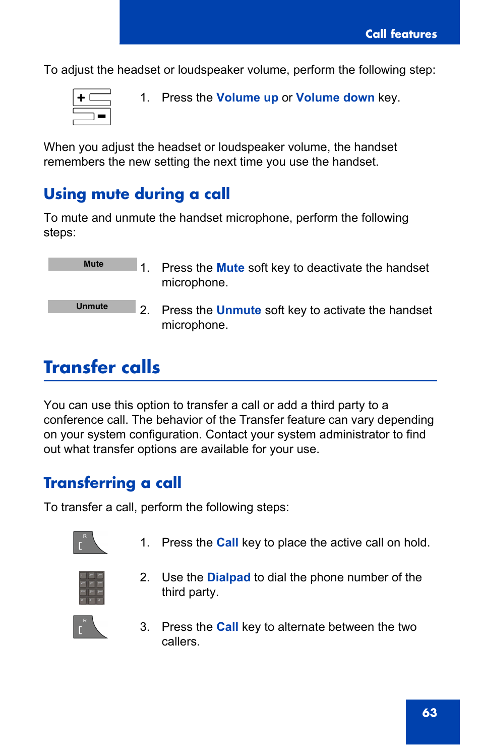 Using mute during a call, Transfer calls, Transferring a call | Nortel Networks Nortel 4075 User Manual | Page 63 / 244