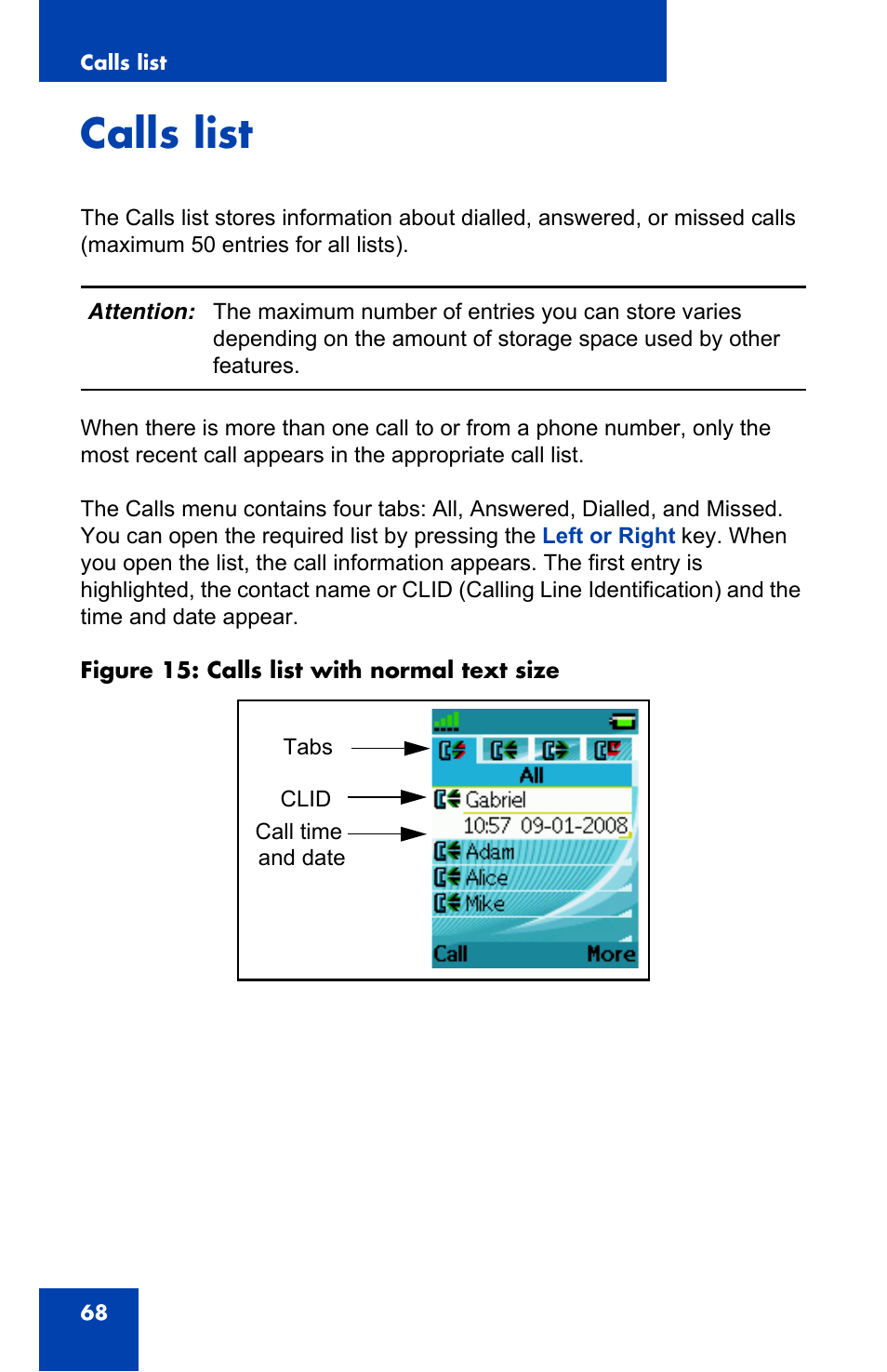 Calls list | Nortel Networks Nortel 4075 User Manual | Page 68 / 244