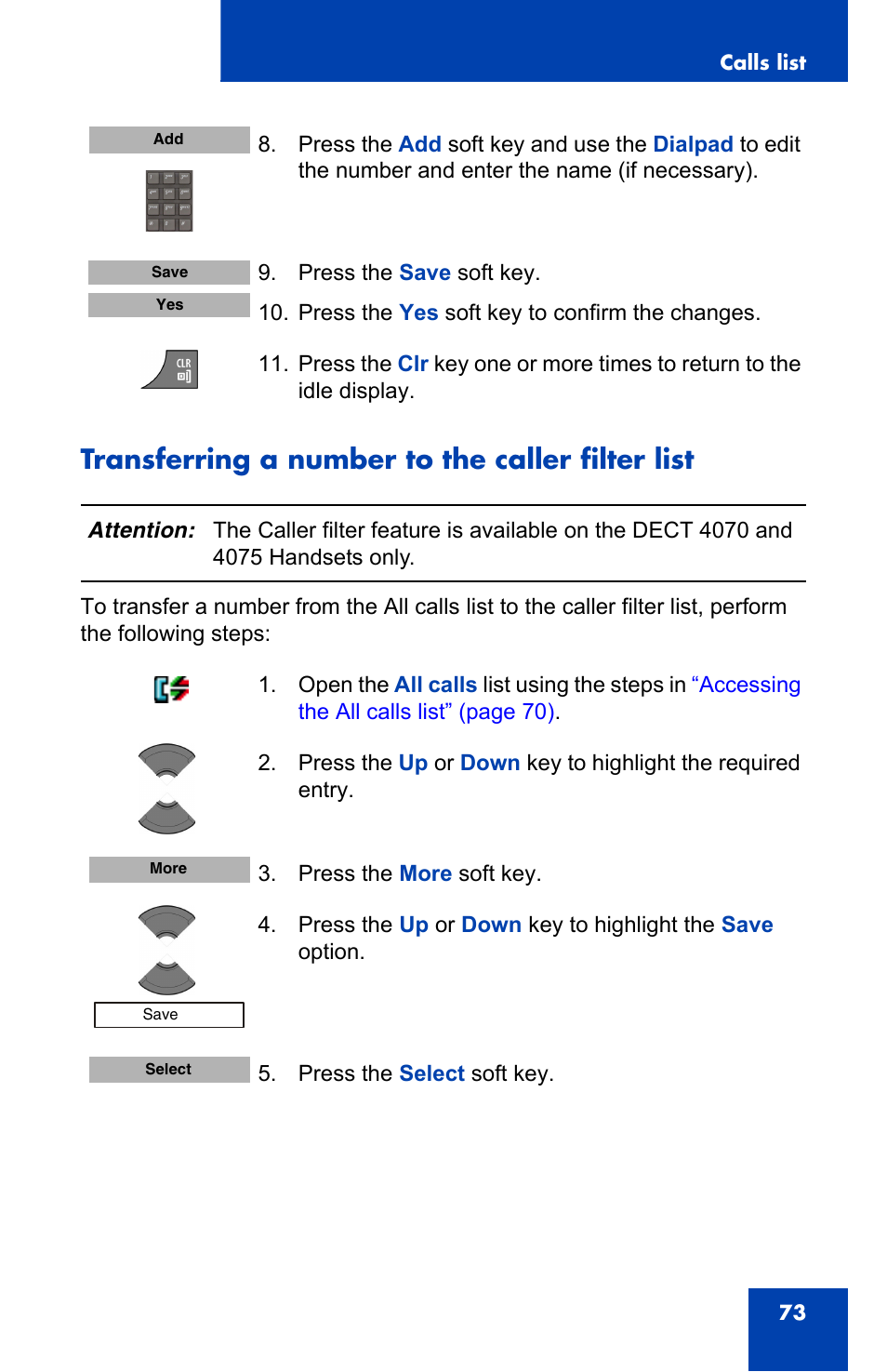 Transferring a number to the caller filter list | Nortel Networks Nortel 4075 User Manual | Page 73 / 244