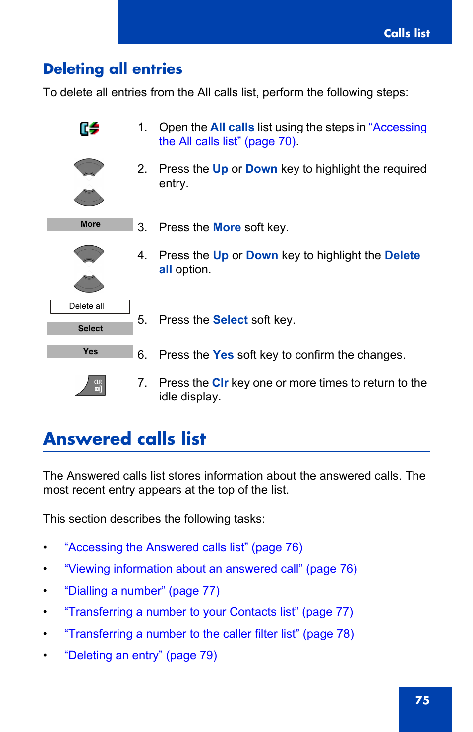 Deleting all entries, Answered calls list | Nortel Networks Nortel 4075 User Manual | Page 75 / 244
