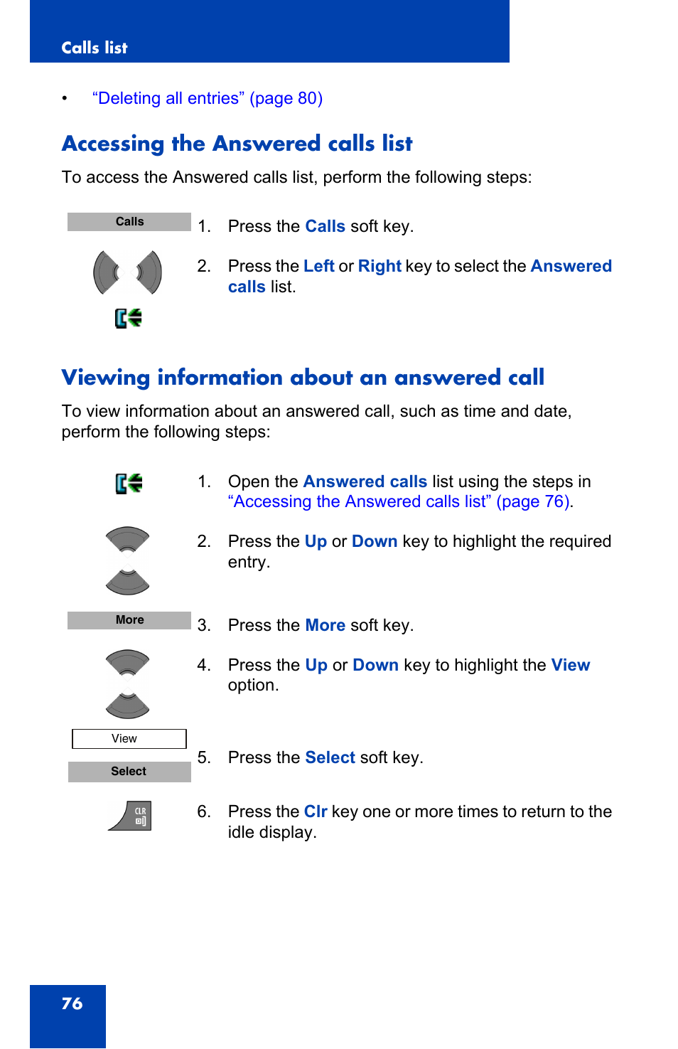 Accessing the answered calls list, Viewing information about an answered call | Nortel Networks Nortel 4075 User Manual | Page 76 / 244