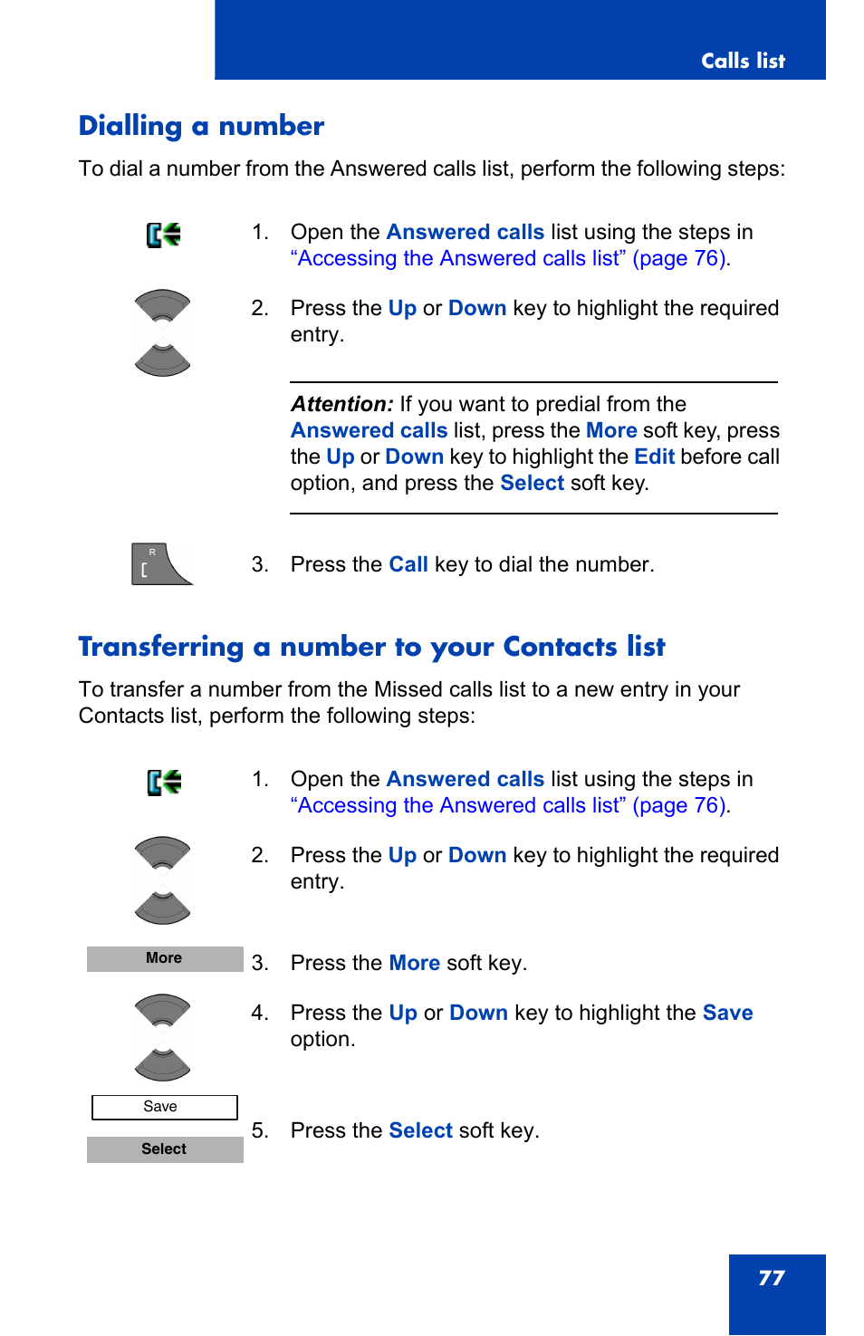 Dialling a number, Transferring a number to your contacts list | Nortel Networks Nortel 4075 User Manual | Page 77 / 244