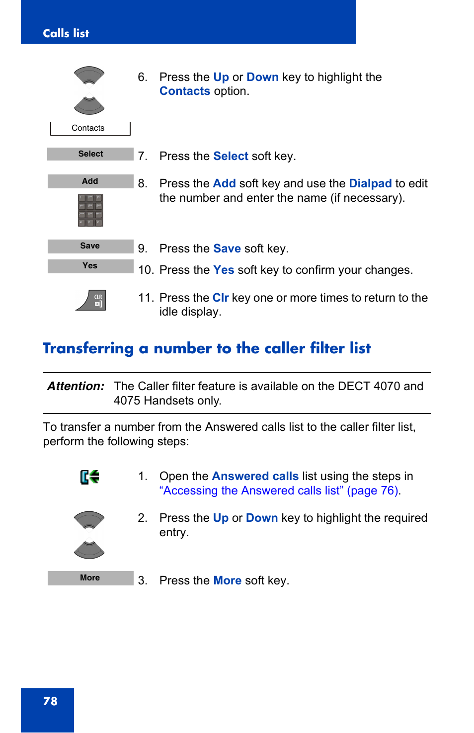 Transferring a number to the caller filter list | Nortel Networks Nortel 4075 User Manual | Page 78 / 244
