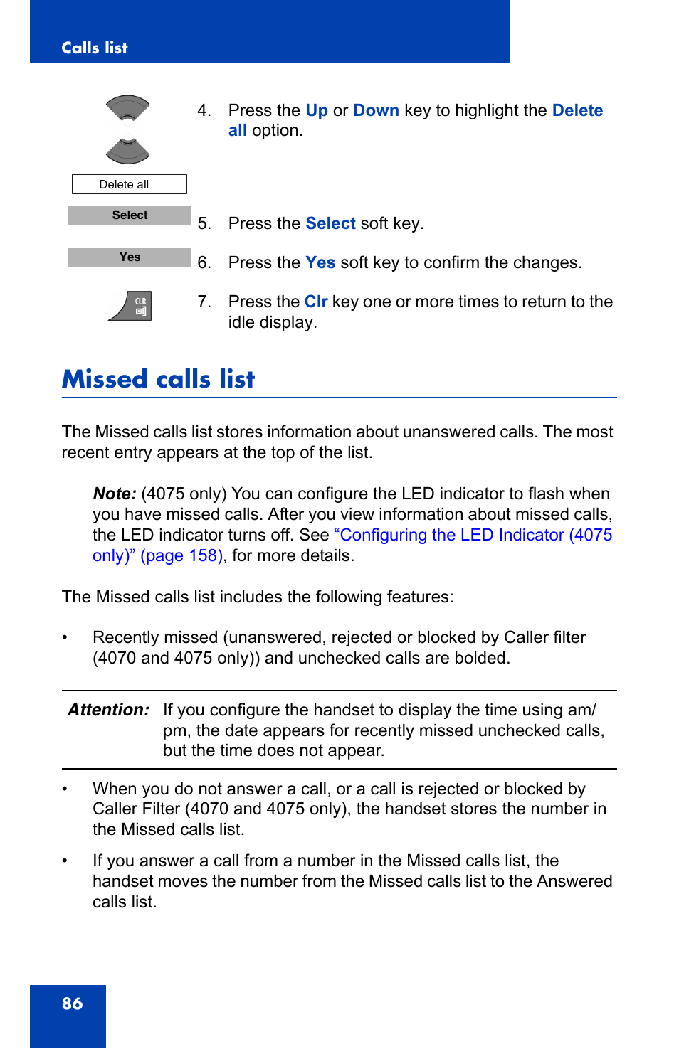 Missed calls list | Nortel Networks Nortel 4075 User Manual | Page 86 / 244