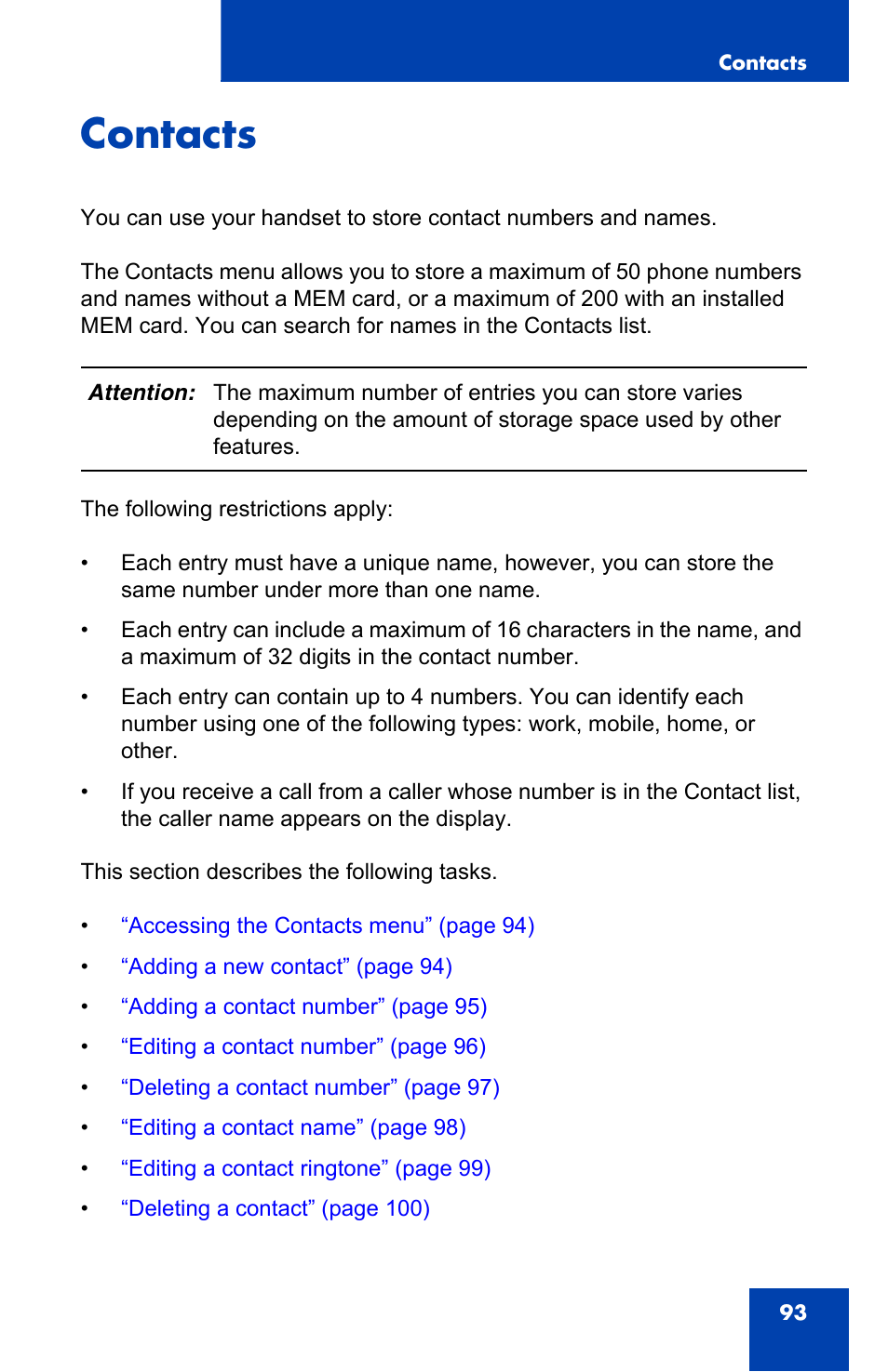 Contacts | Nortel Networks Nortel 4075 User Manual | Page 93 / 244