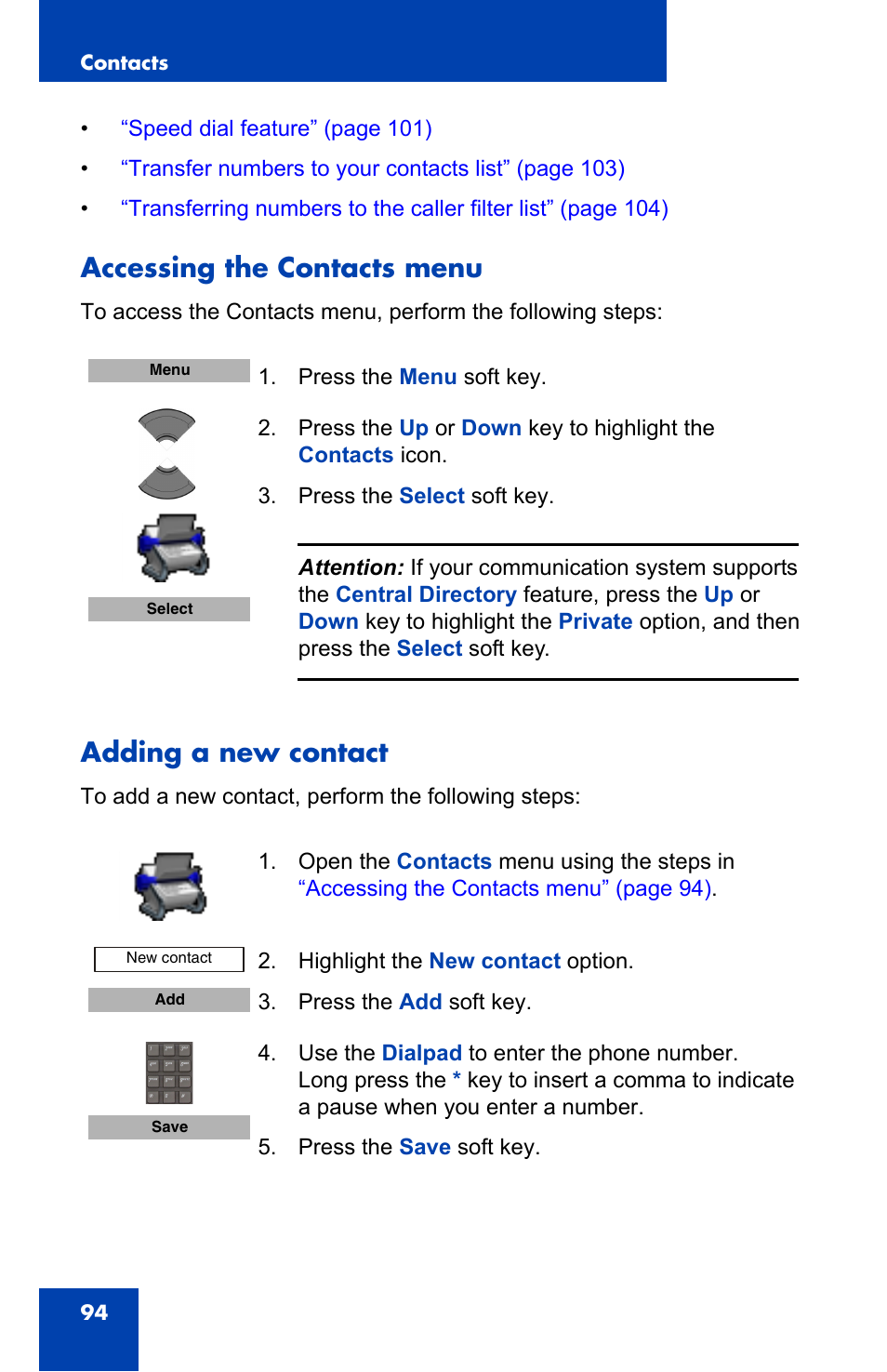 Accessing the contacts menu, Adding a new contact, Accessing the contacts menu adding a new contact | Nortel Networks Nortel 4075 User Manual | Page 94 / 244