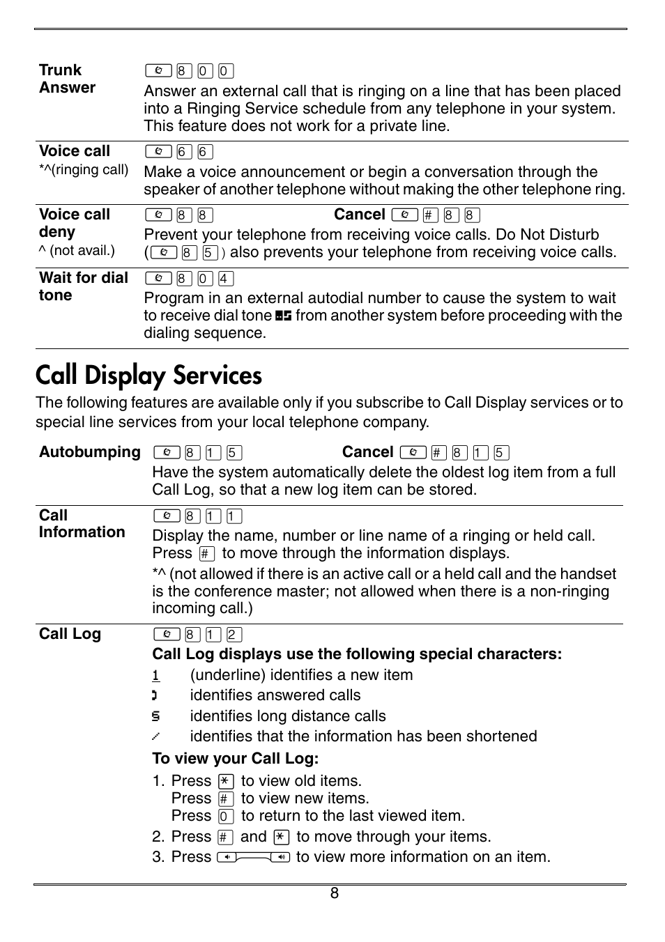 Trunk answer, Voice call, Voice call deny | Wait for dial tone, Call display services, Autobumping, Call information, Call log | Nortel Networks Norstar ICS User Manual | Page 10 / 12