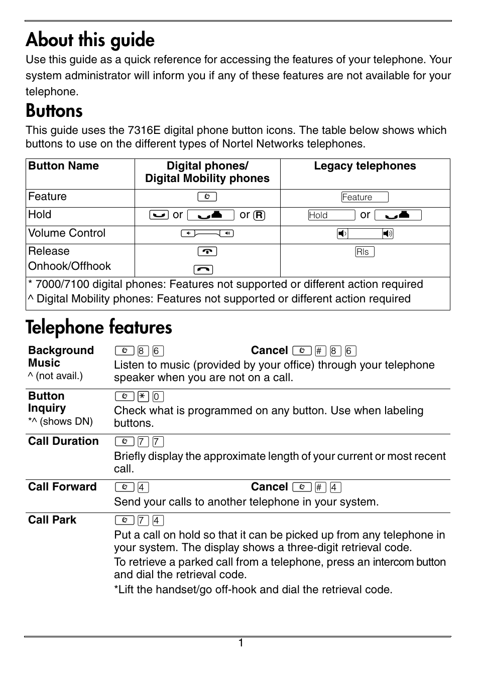 About this guide, Buttons, Button name | Digital phones/ digital mobility phones, Legacy telephones, Telephone features, Background music, Button inquiry, Call duration, Call forward | Nortel Networks Norstar ICS User Manual | Page 3 / 12