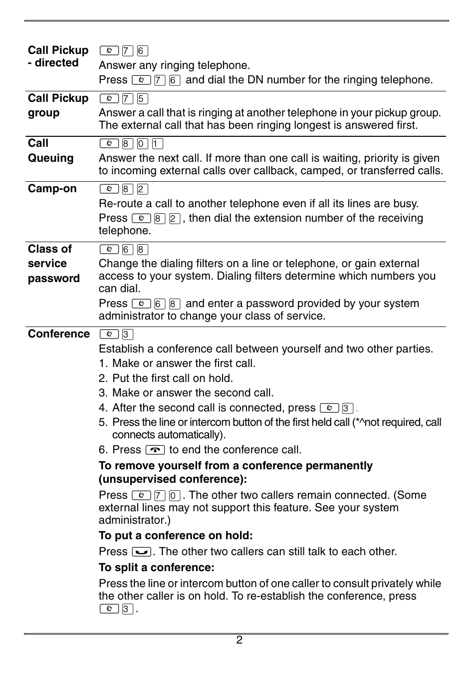 Call pickup - directed, Call pickup, Group | Call, Queuing, Camp-on, Class of, Service, Password, Conference | Nortel Networks Norstar ICS User Manual | Page 4 / 12