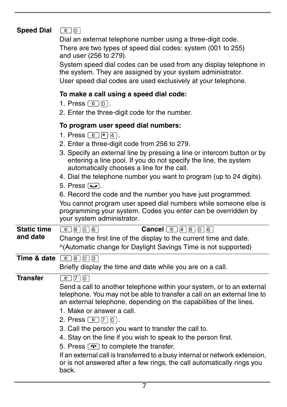 Speed dial, Static time and date, Time & date | Transfer | Nortel Networks Norstar ICS User Manual | Page 9 / 12