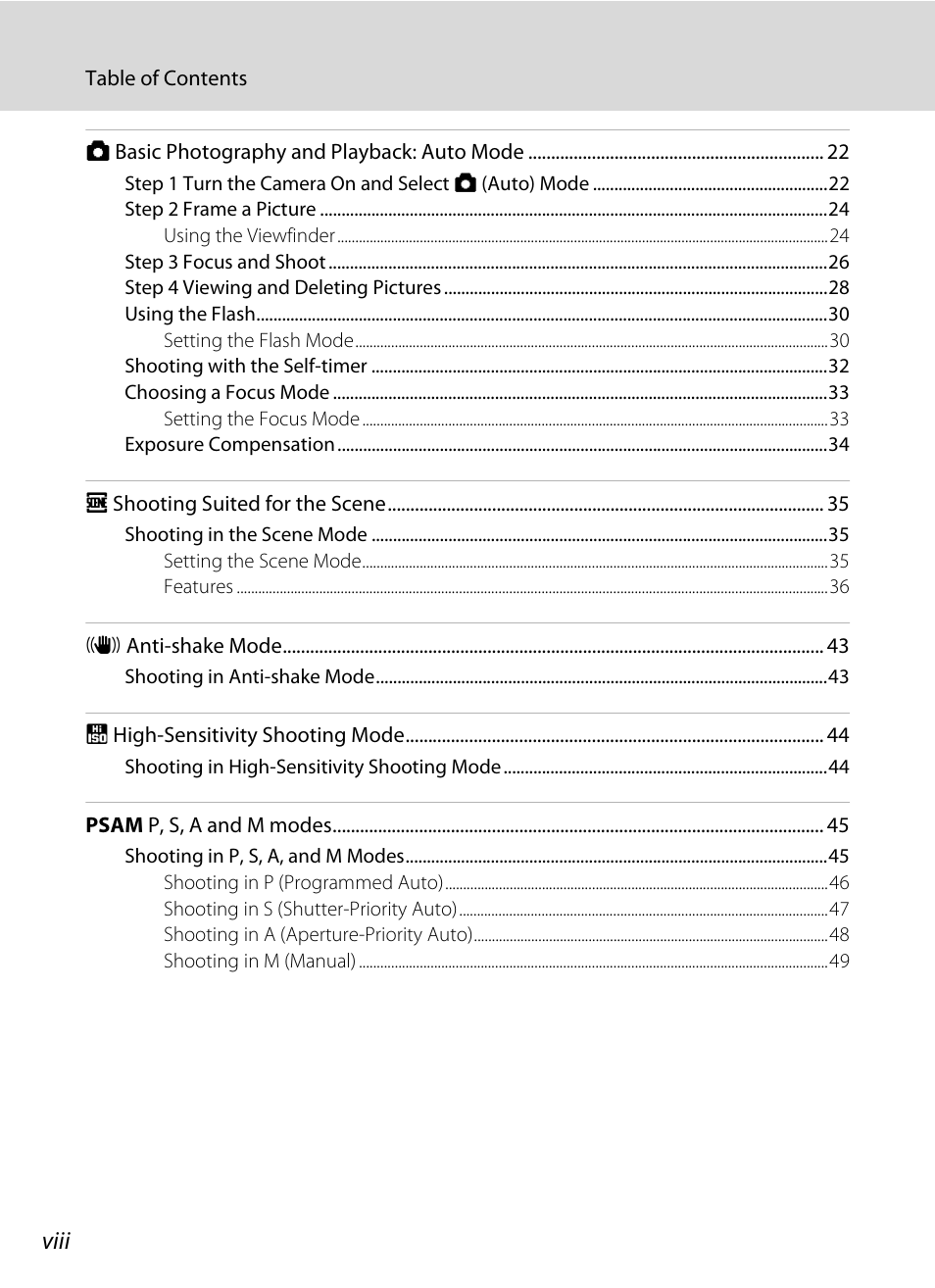Viii | Nikon P5100 User Manual | Page 10 / 176