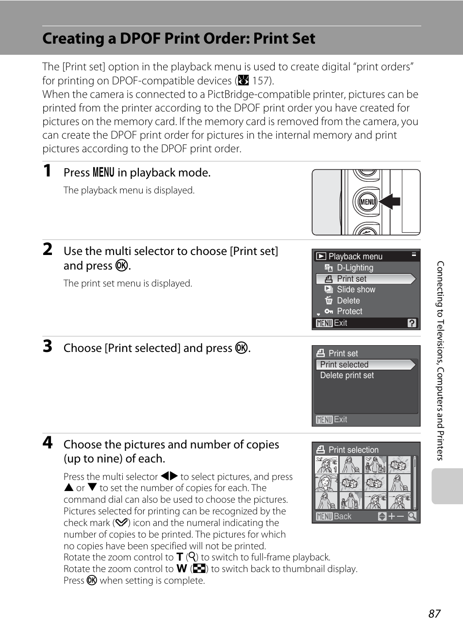 Creating a dpof print order: print set, A 87), A 87 | Press d in playback mode, Choose [print selected] and press k | Nikon P5100 User Manual | Page 101 / 176