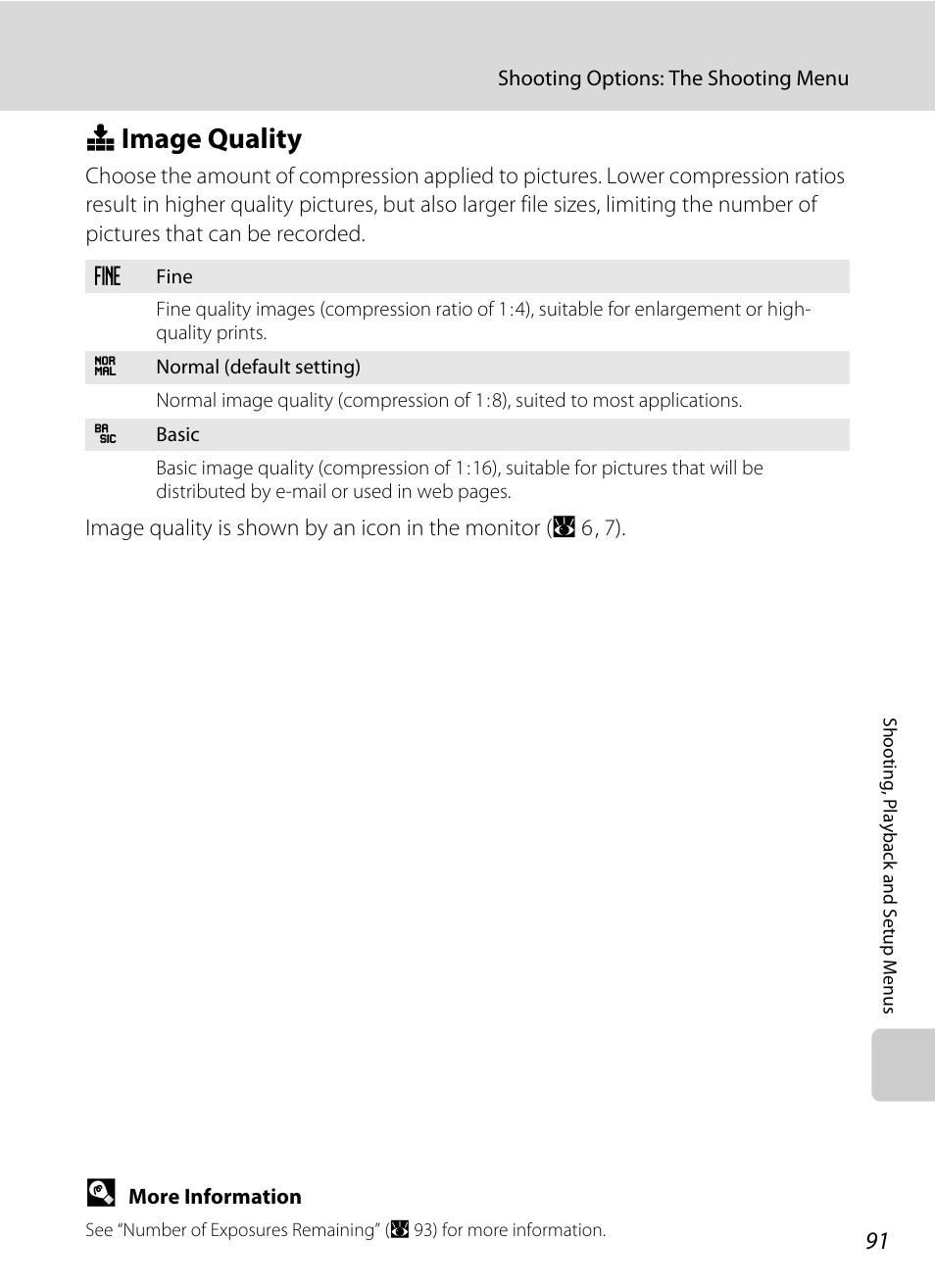 Image quality, Q image quality, A 91) and image size | A 91), A 91, A 91) and i | Nikon P5100 User Manual | Page 105 / 176