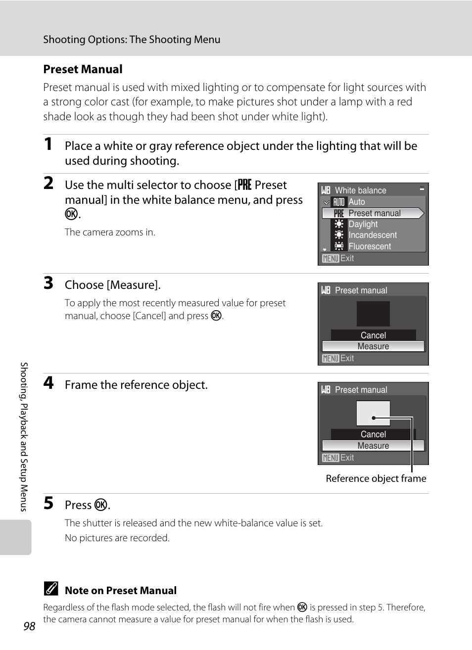 E “preset manual, A 98) for details | Nikon P5100 User Manual | Page 112 / 176
