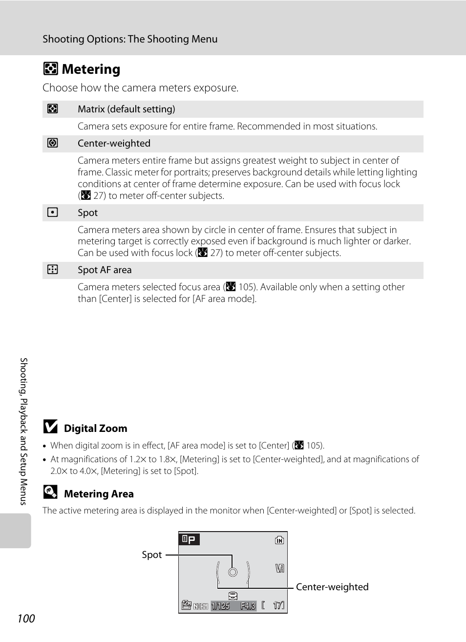 Metering, G metering, A 100 | Nikon P5100 User Manual | Page 114 / 176