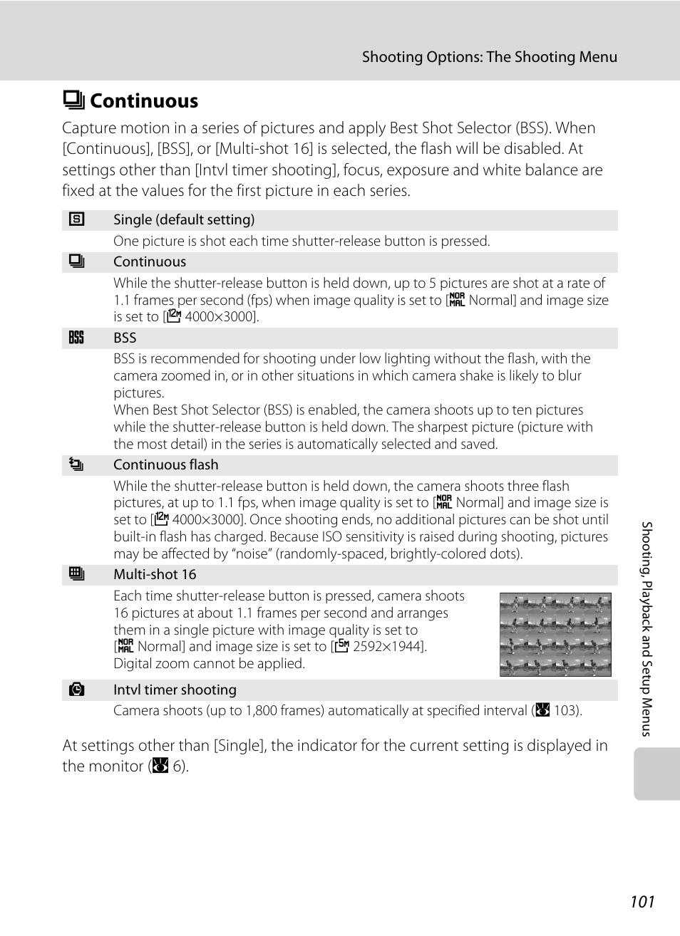 Continuous, C continuous, A 101) | A 101) is used when shooting, S] (a 101); the, A 101 | Nikon P5100 User Manual | Page 115 / 176