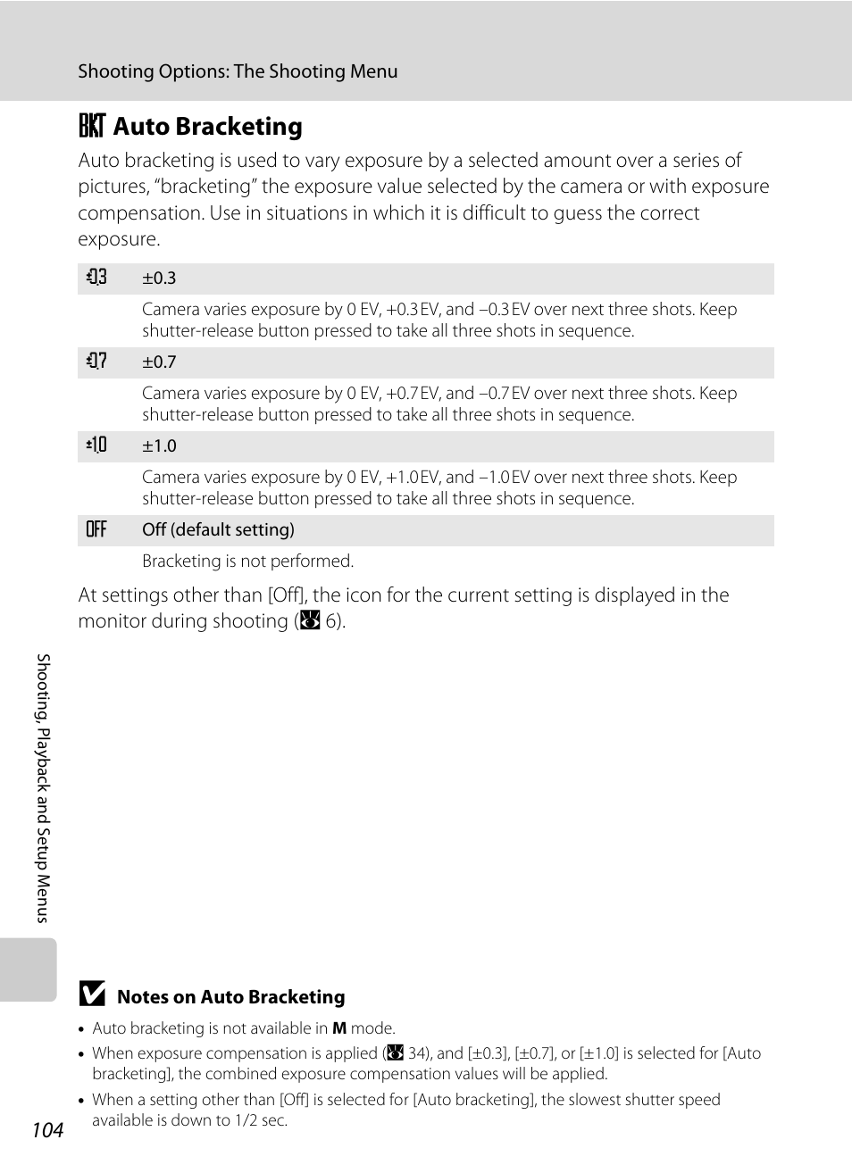 Auto bracketing, H auto bracketing, A 104), the | A 104 | Nikon P5100 User Manual | Page 118 / 176