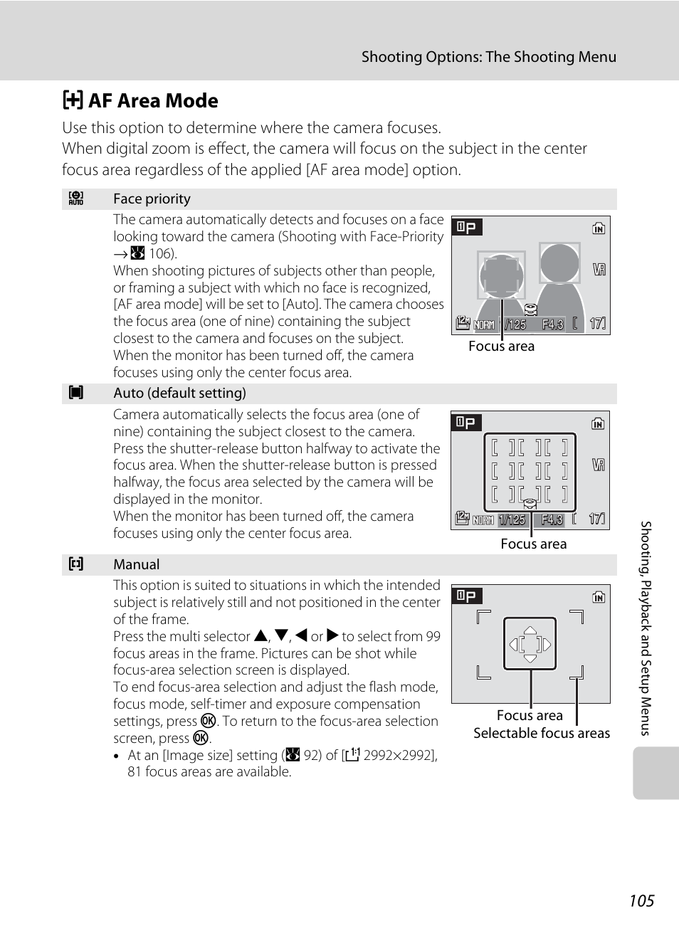 Af area mode, G af area mode, L] (a 105) | A 105), A 105, R] (a 105), A 105). ava | Nikon P5100 User Manual | Page 119 / 176