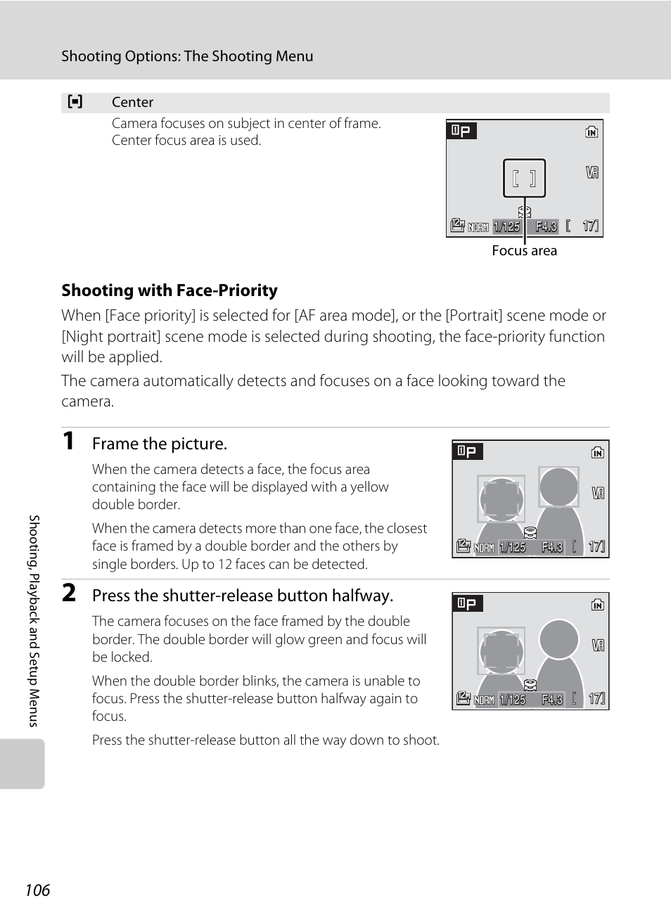 Ra (shooting with face-priority, A 106), Shooting with face-priority | Frame the picture, Press the shutter-release button halfway | Nikon P5100 User Manual | Page 120 / 176