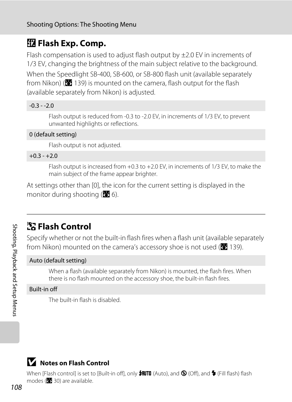 Flash exp. comp, Flash control, J flash exp. comp k flash control | A 108, J flash exp. comp, K flash control | Nikon P5100 User Manual | Page 122 / 176