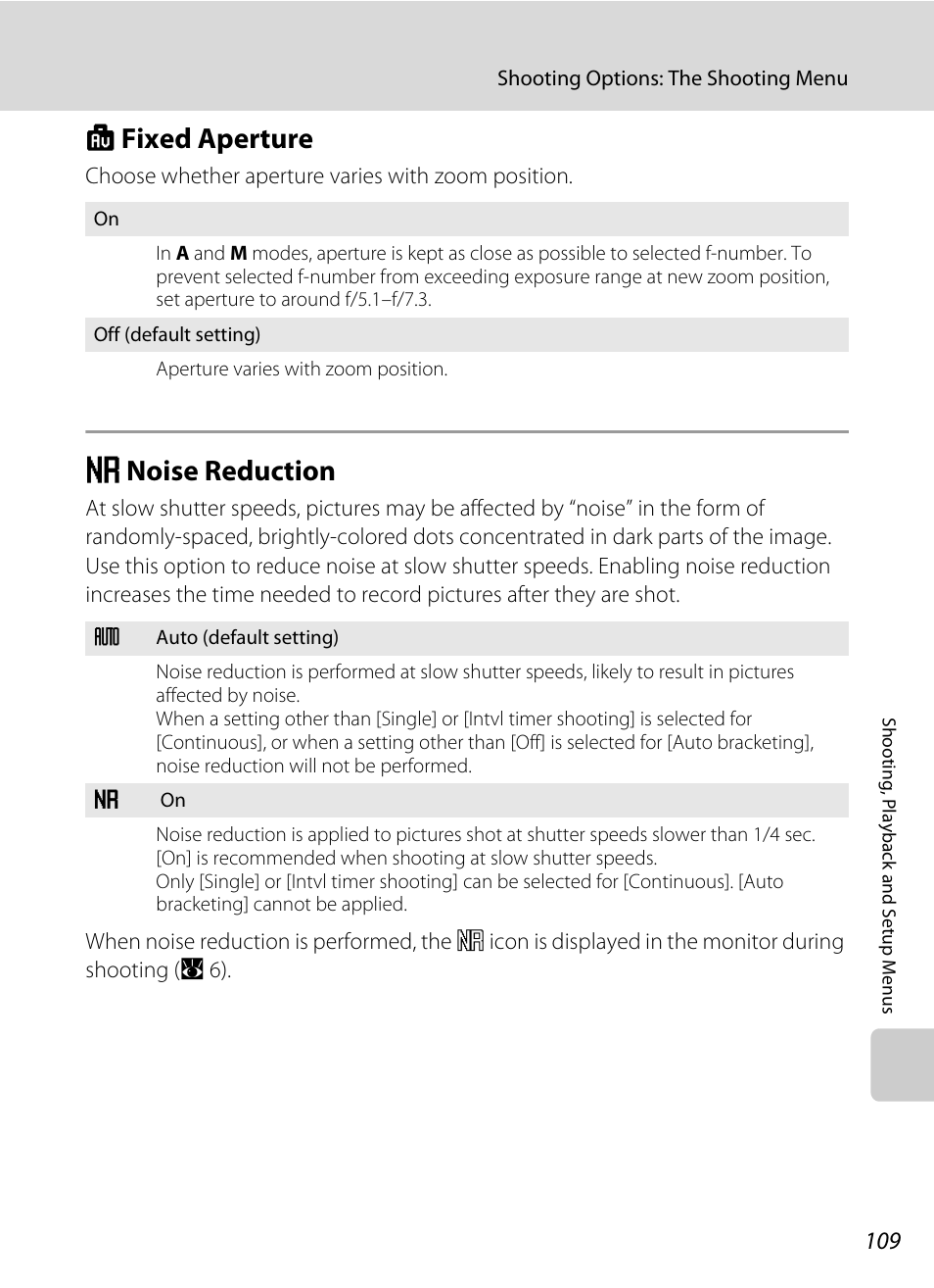 Fixed aperture, Noise reduction, L fixed aperture m noise reduction | A 109) is, A 109). ape, A 109, L fixed aperture, M noise reduction | Nikon P5100 User Manual | Page 123 / 176