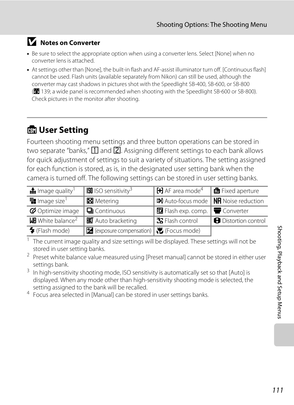 User setting, O user setting, A 111 | Nikon P5100 User Manual | Page 125 / 176