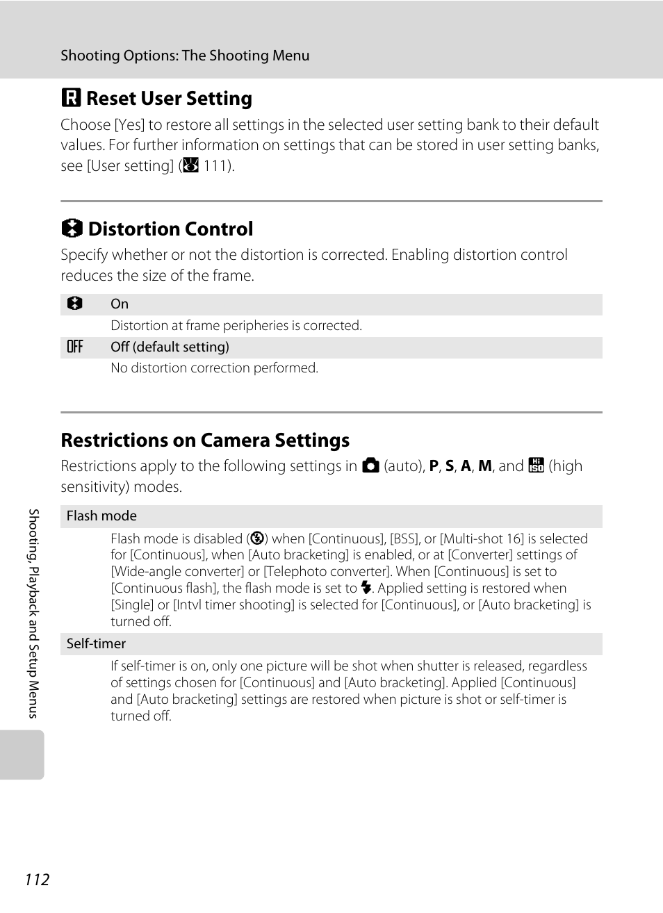 Reset user setting, Distortion control, Restrictions on camera settings | A 112), A 112, P reset user setting, Q distortion control | Nikon P5100 User Manual | Page 126 / 176