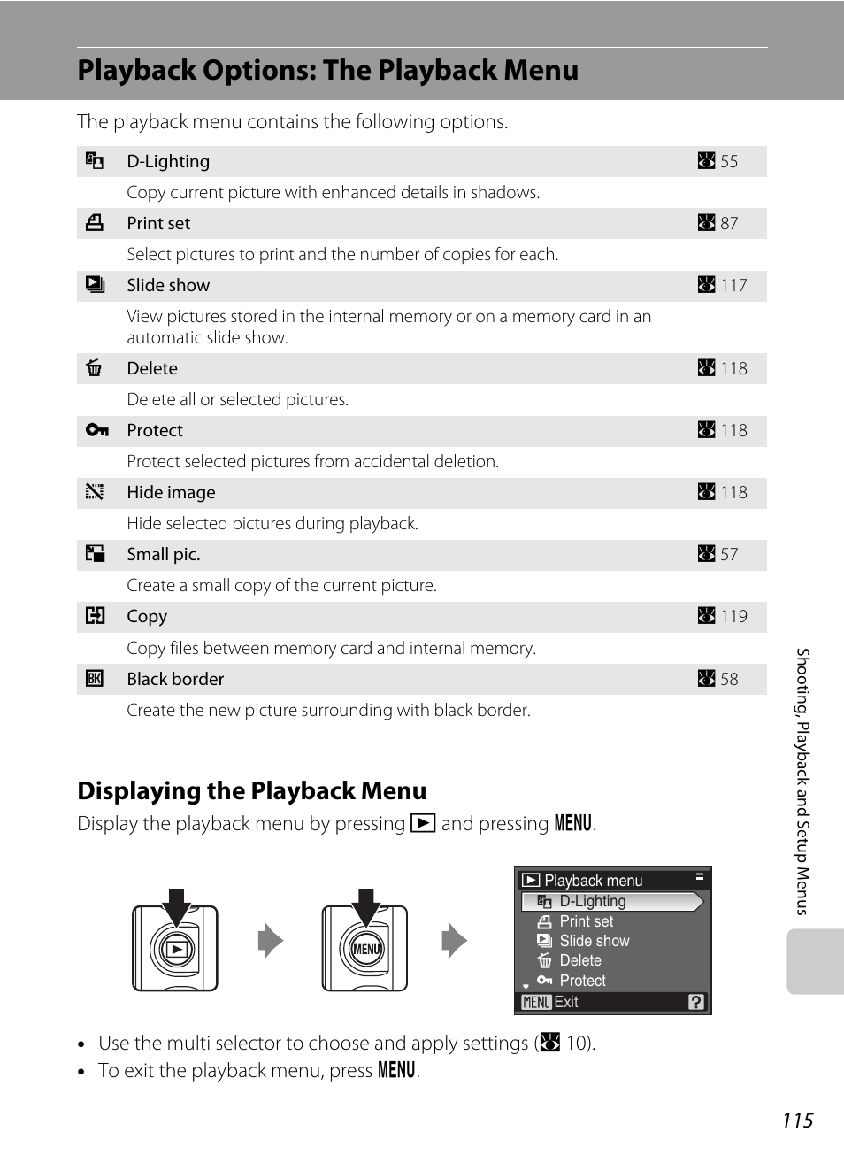 Playback options: the playback menu, Displaying the playback menu | Nikon P5100 User Manual | Page 129 / 176