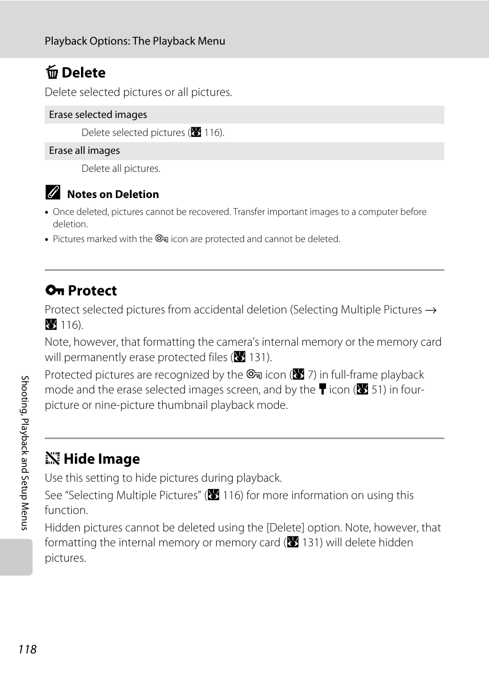 Delete, Protect, Hide image | C delete d protect i hide image, Ting (a 118) as the, A 118, A 118), A 118), hide image, A 118), cop, C delete | Nikon P5100 User Manual | Page 132 / 176