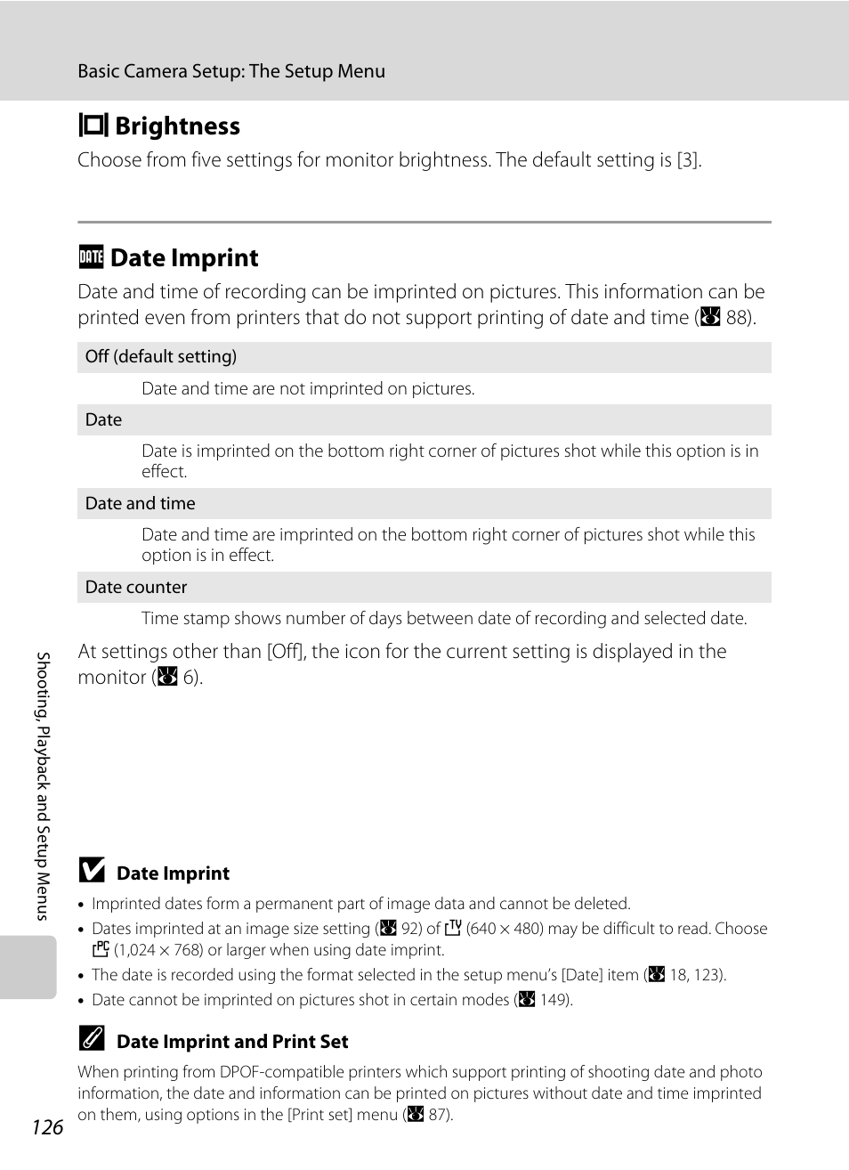 Brightness, Date imprint, E brightness f date imprint | A 126), A 126, E brightness, F date imprint | Nikon P5100 User Manual | Page 140 / 176