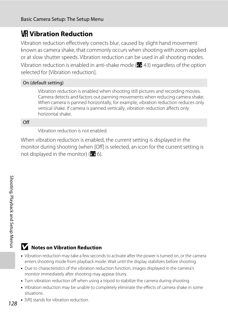 Vibration reduction, G vibration reduction, A 128) | A 128), whe, A 128) setting and, N] (a 128), A 128) off, A 128) is enabled, a, A 128) i, A 128) of | Nikon P5100 User Manual | Page 142 / 176