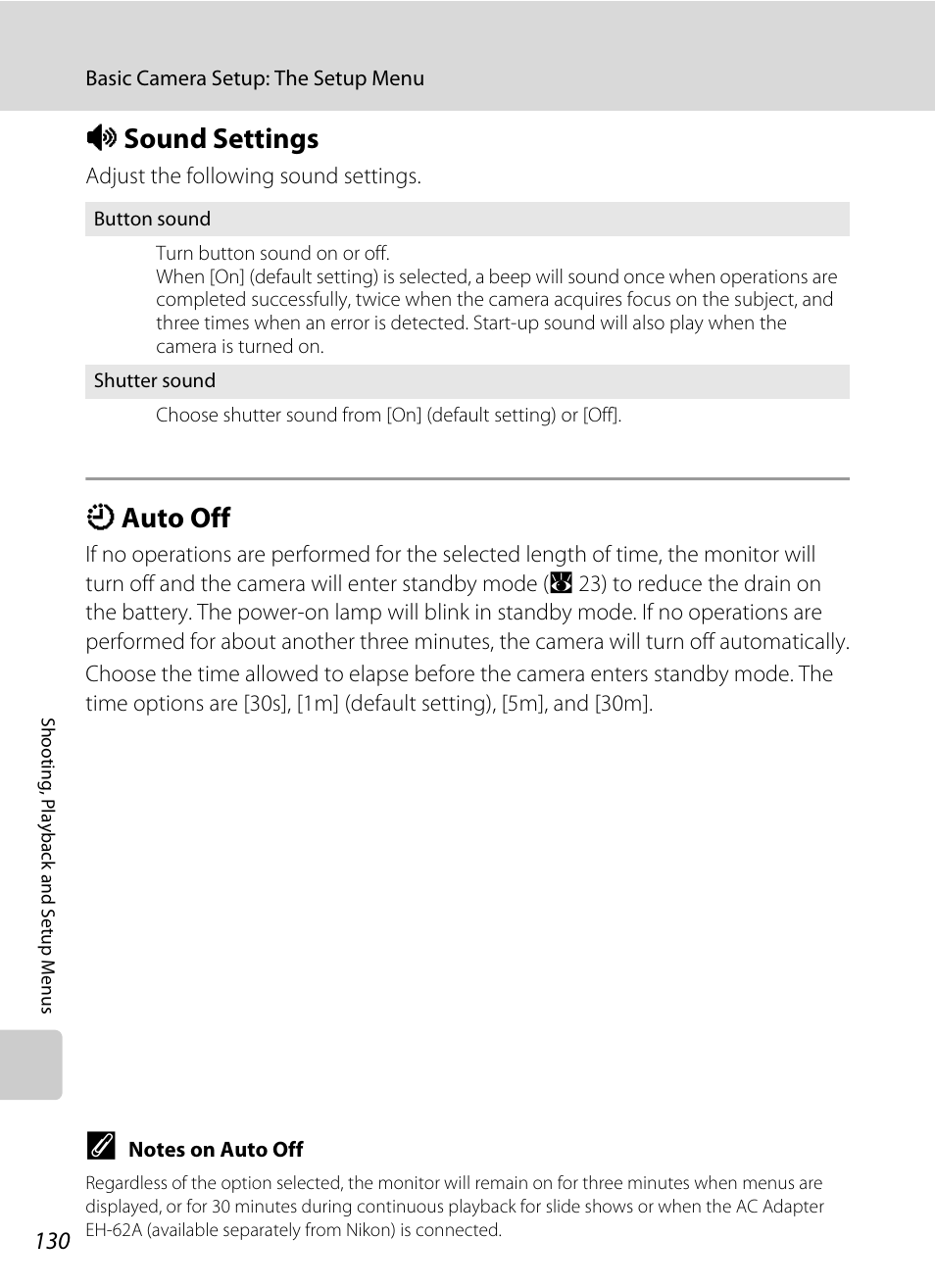 Sound settings, Auto off, I sound settings k auto off | A 130), A 130, I sound settings, K auto off | Nikon P5100 User Manual | Page 144 / 176