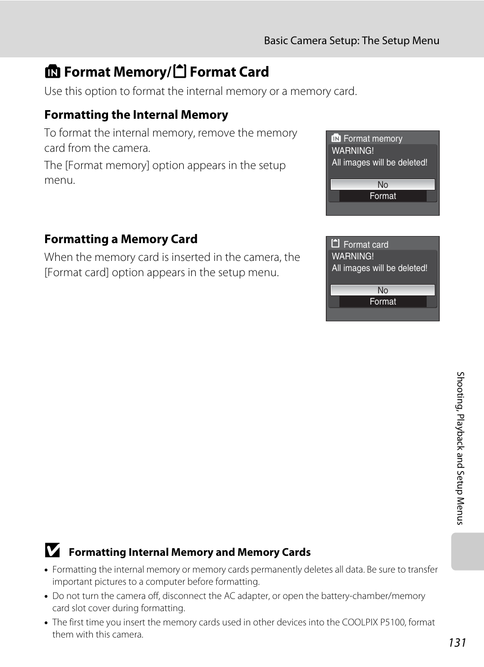 Format memory/format card, L format memory/m format card, A 131) | Mory or memory card, A 131) w, A 131 | Nikon P5100 User Manual | Page 145 / 176