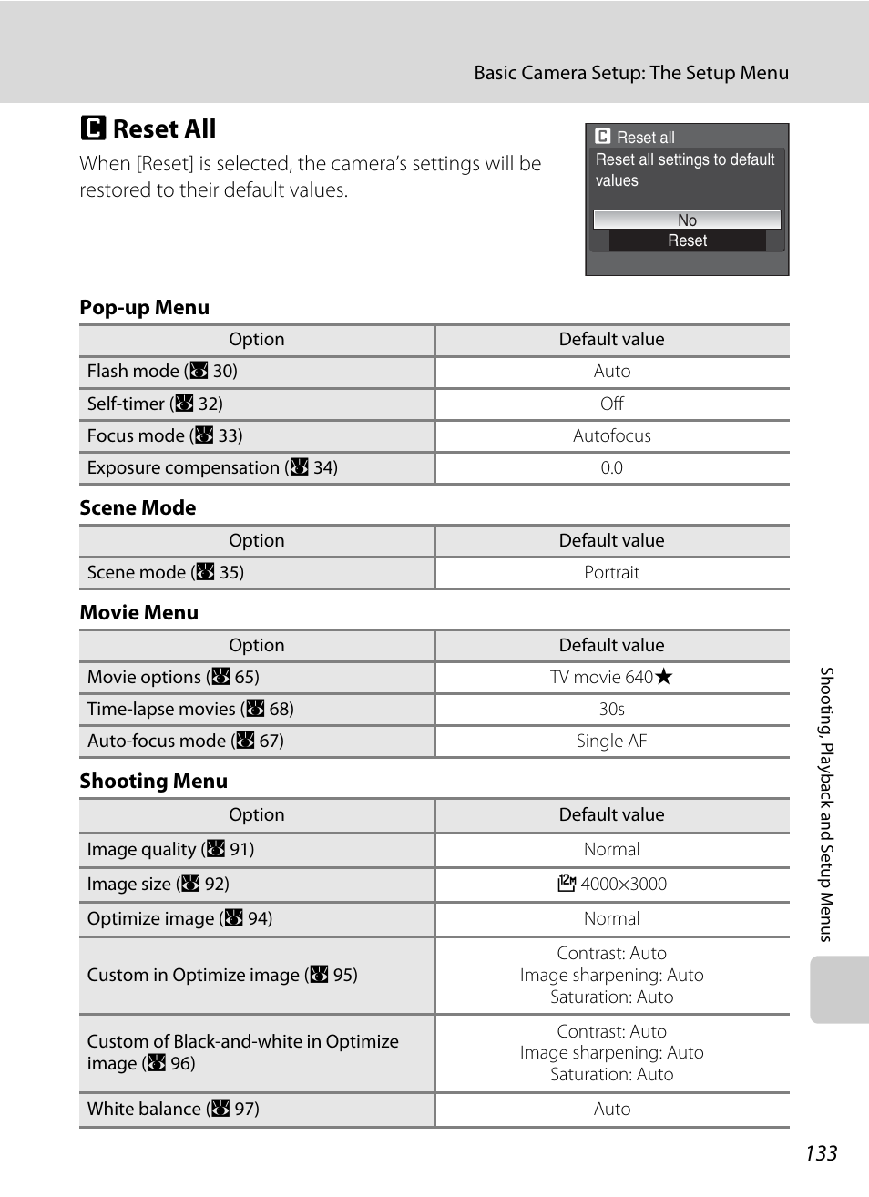 Reset all, P reset all, A 133 | Nikon P5100 User Manual | Page 147 / 176