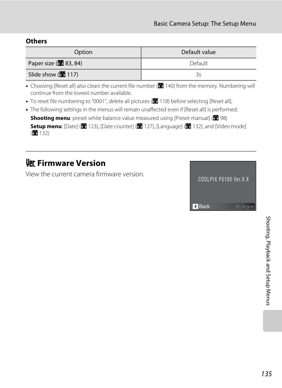 Firmware version, R firmware version, A 135 | Nikon P5100 User Manual | Page 149 / 176
