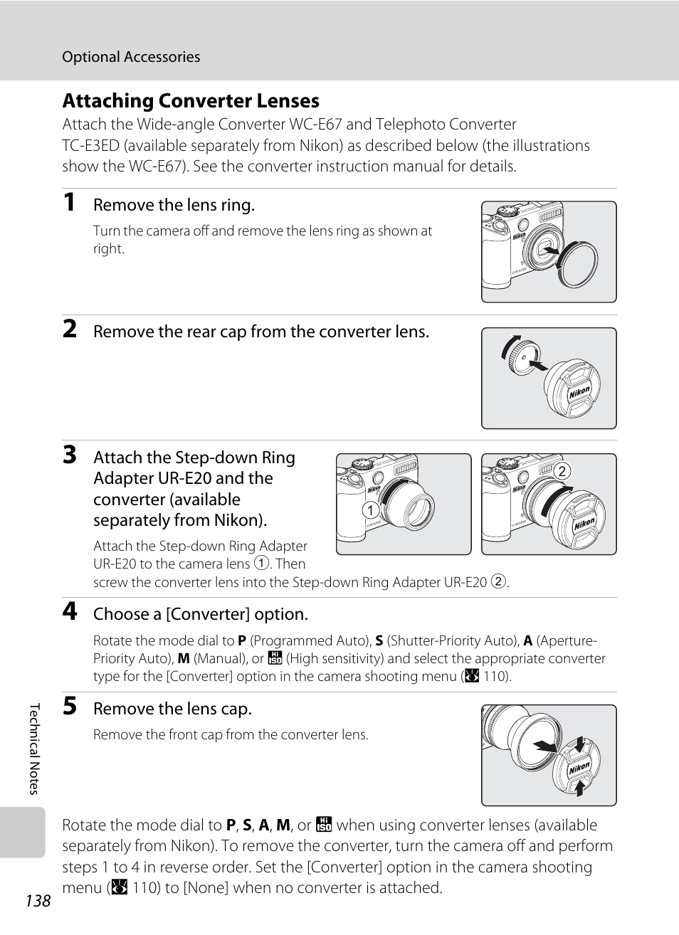 Attaching converter lenses, See “attaching converter lenses, A 138) of | Nikon P5100 User Manual | Page 152 / 176