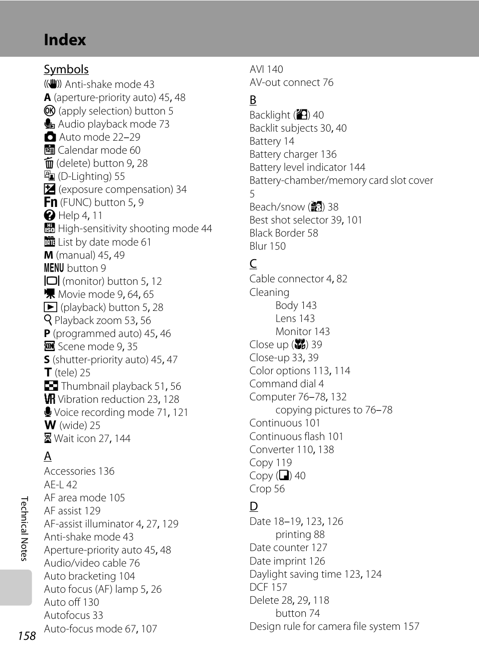 Index | Nikon P5100 User Manual | Page 172 / 176