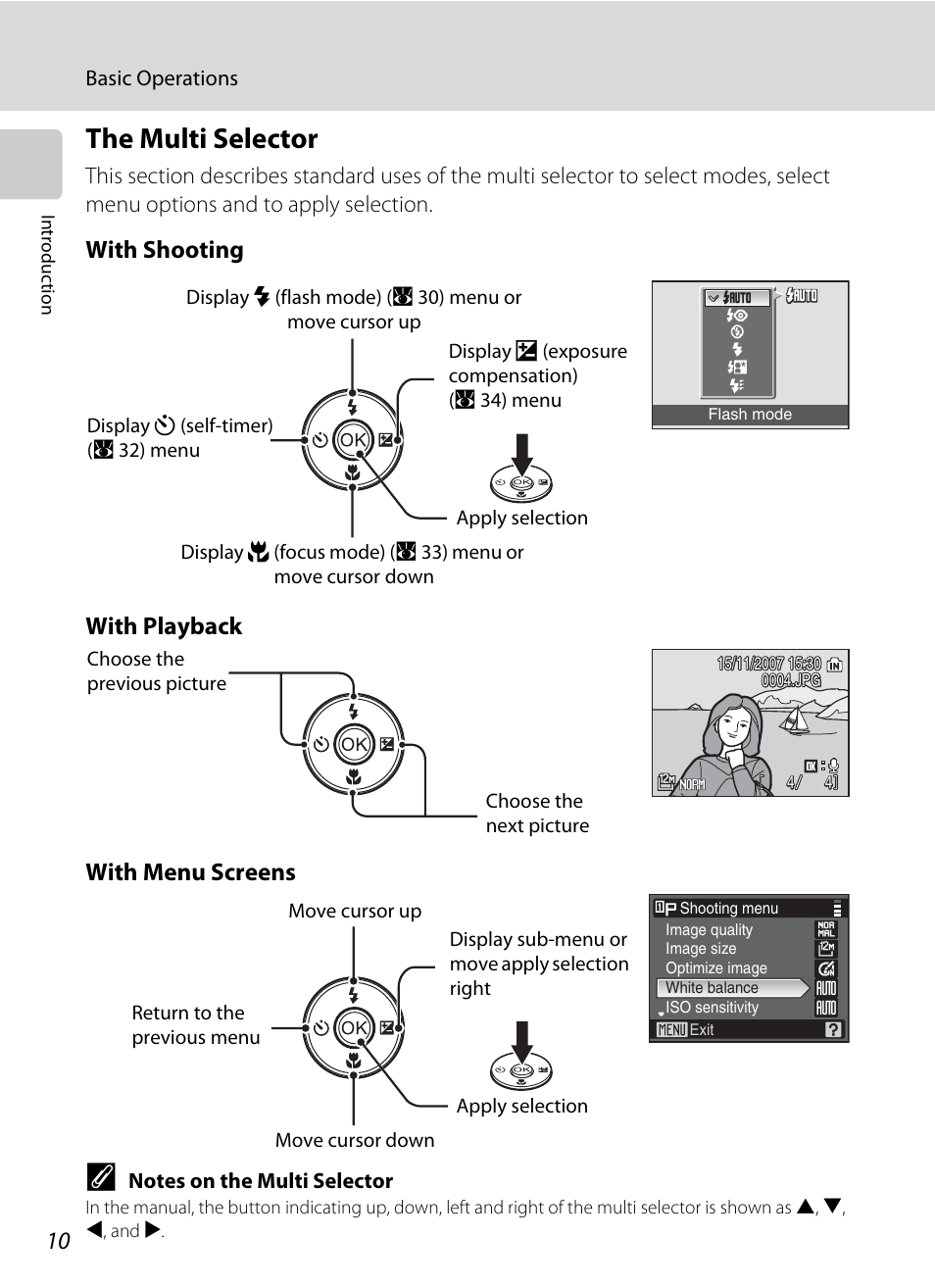 The multi selector, With shooting with playback with menu screens | Nikon P5100 User Manual | Page 24 / 176