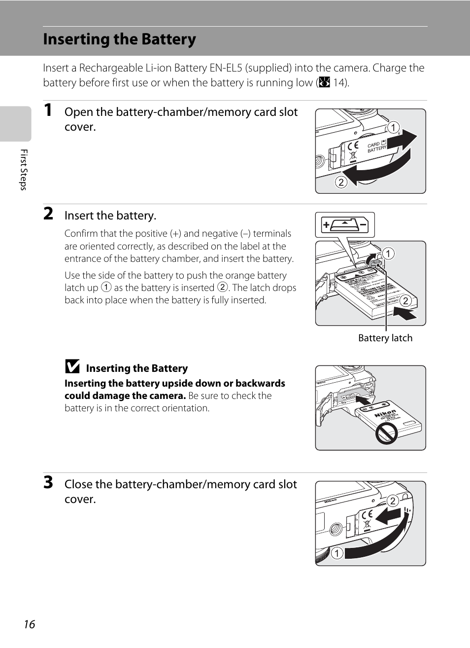 Inserting the battery | Nikon P5100 User Manual | Page 30 / 176