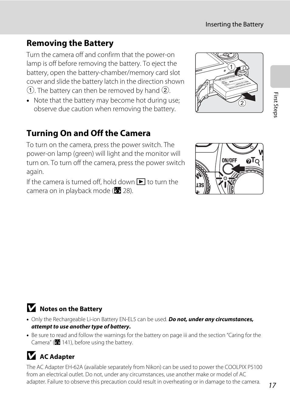 Removing the battery, Turning on and off the camera, Removing the battery turning on and off the camera | Nikon P5100 User Manual | Page 31 / 176