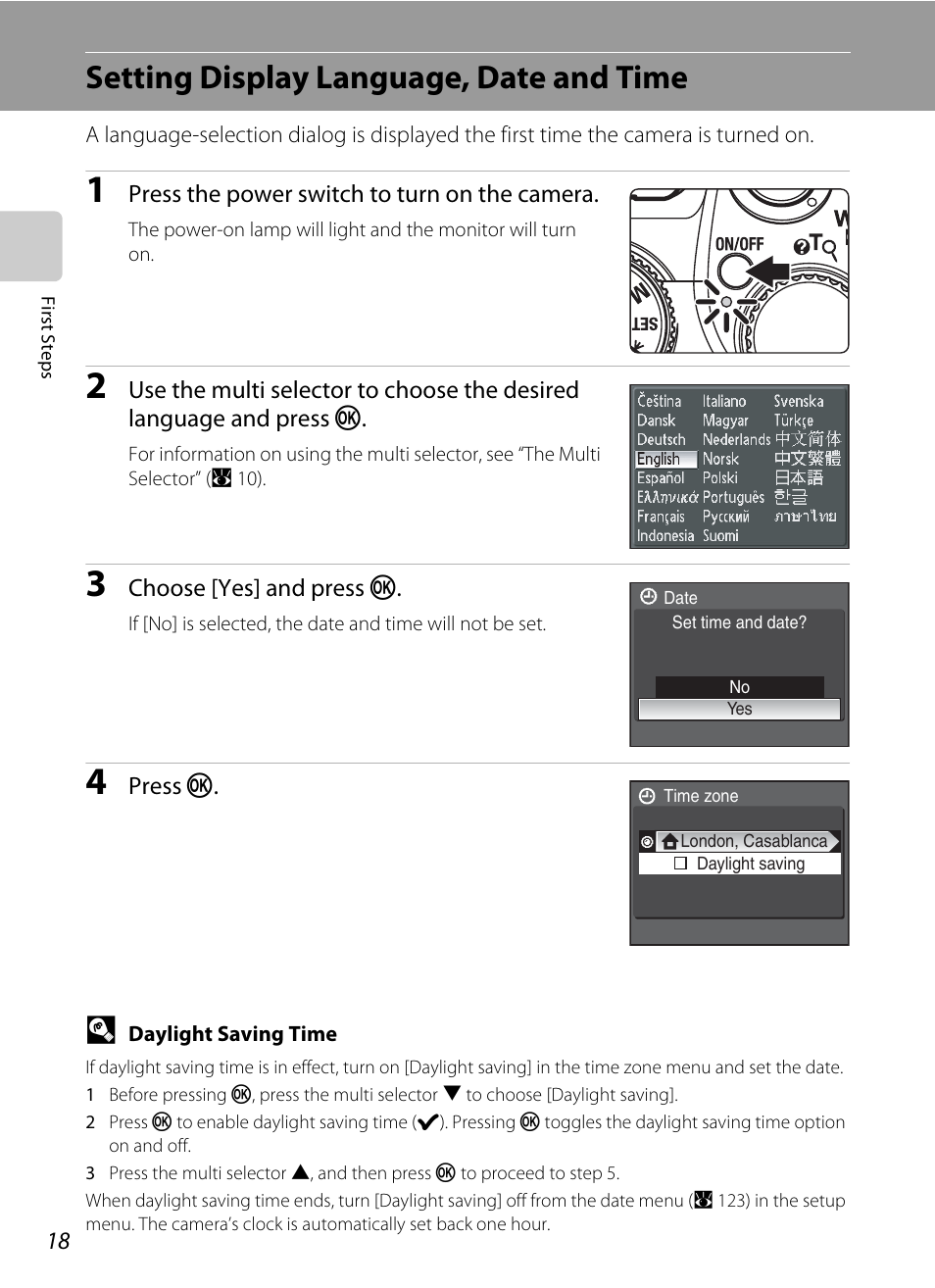 Setting display language, date and time | Nikon P5100 User Manual | Page 32 / 176