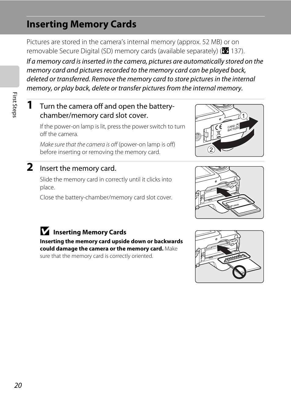 Inserting memory cards | Nikon P5100 User Manual | Page 34 / 176