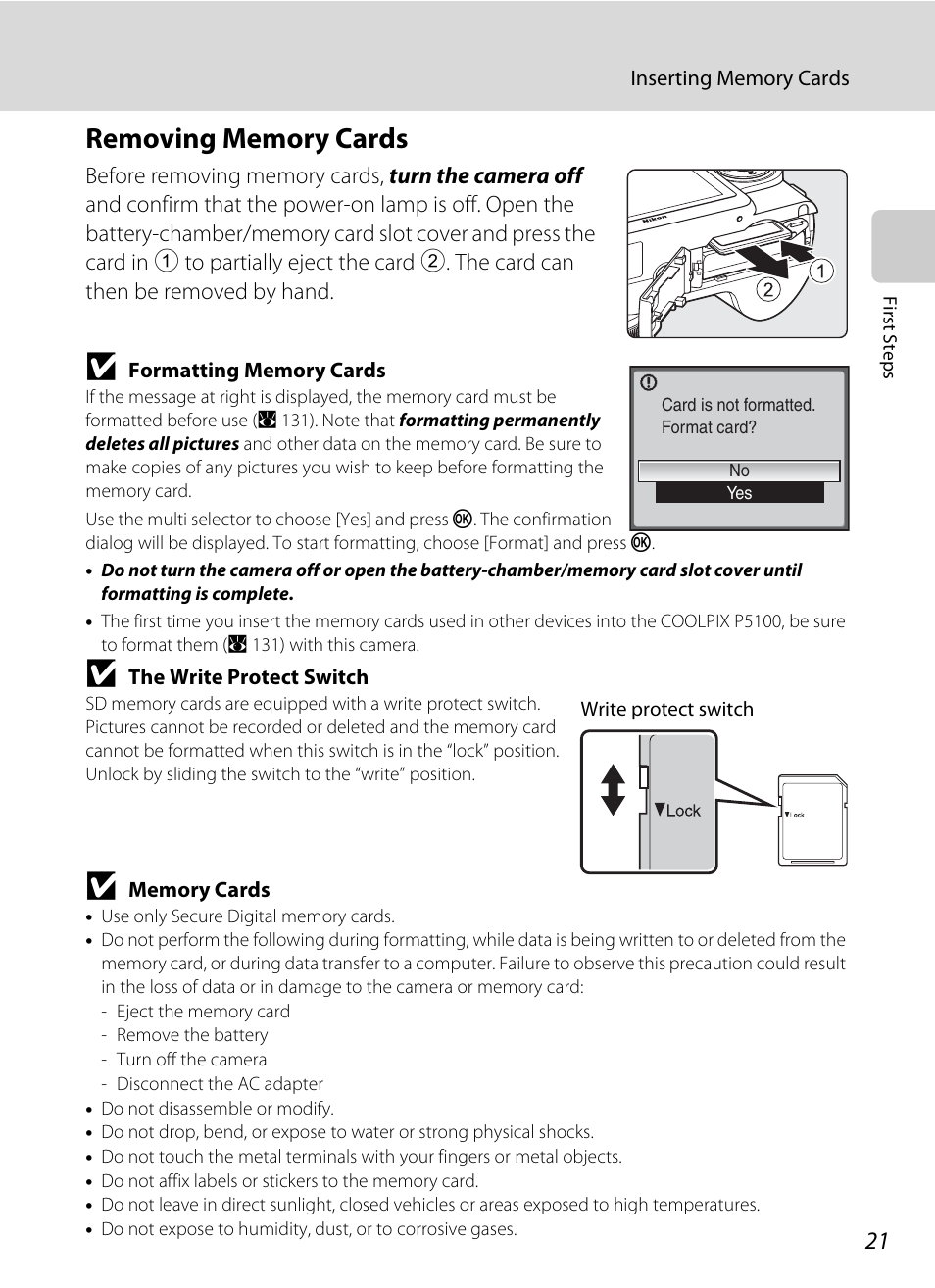 Removing memory cards | Nikon P5100 User Manual | Page 35 / 176