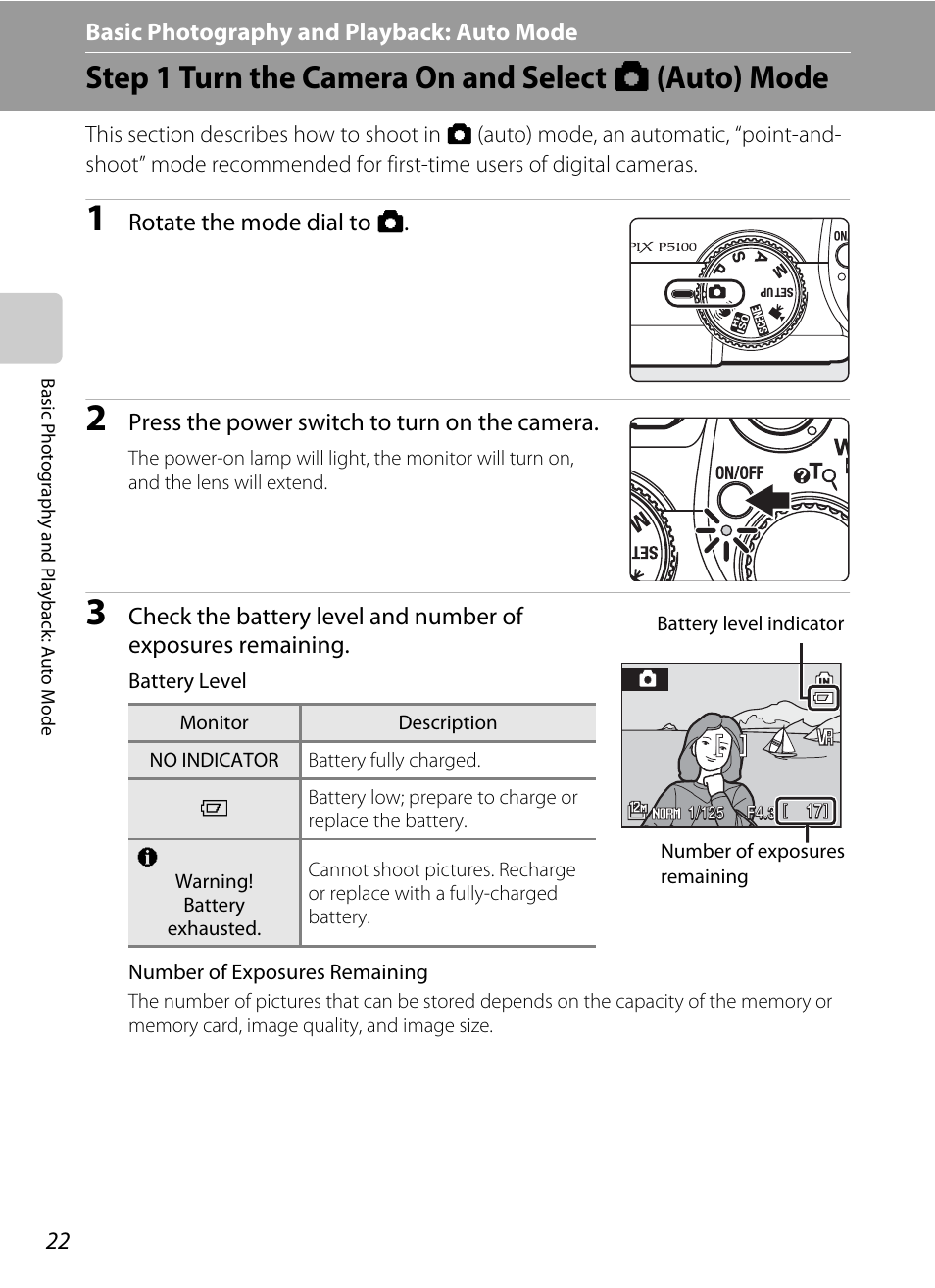 Basic photography and playback: auto mode, Step 1 turn the camera on and select (auto) mode, A basic photography and playback: auto mode | Step 1 turn the camera on and select a (auto) mode, A 22): ch, Rotate the mode dial to a, Press the power switch to turn on the camera | Nikon P5100 User Manual | Page 36 / 176
