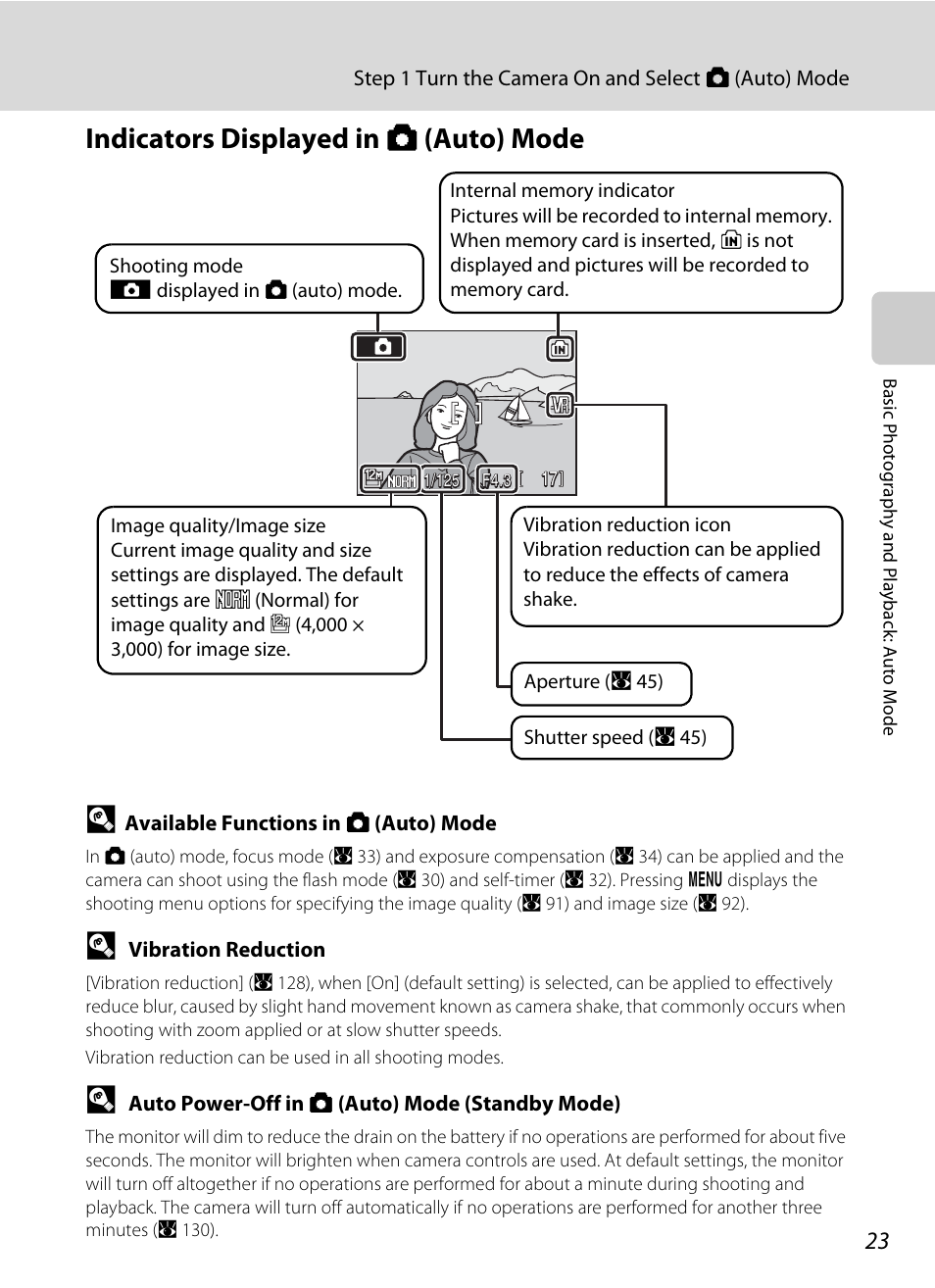 Indicators displayed in a (auto) mode | Nikon P5100 User Manual | Page 37 / 176