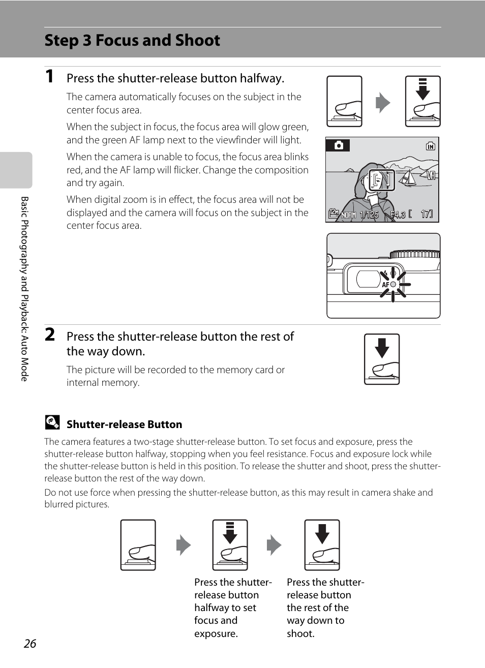 Step 3 focus and shoot, Press the shutter-release button halfway | Nikon P5100 User Manual | Page 40 / 176