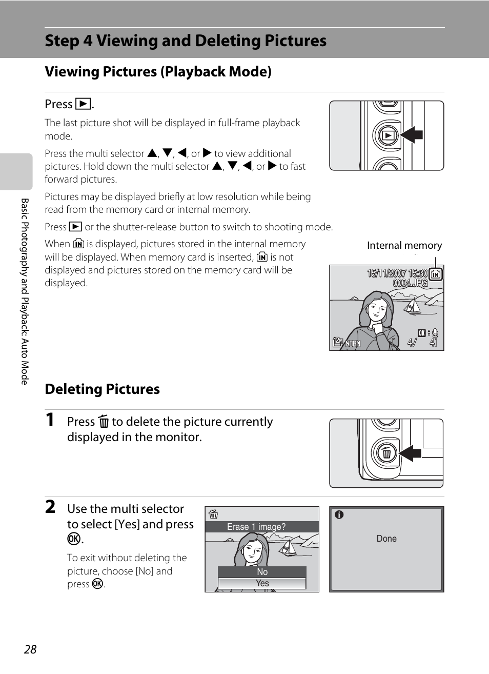Step 4 viewing and deleting pictures, A 28), Viewing pictures (playback mode) | Deleting pictures | Nikon P5100 User Manual | Page 42 / 176