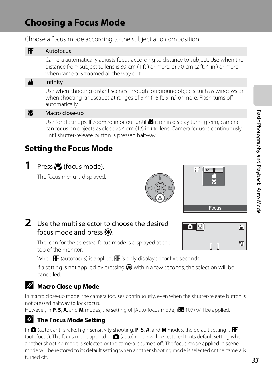 Choosing a focus mode, Setting the focus mode, A 33 | A 33) and | Nikon P5100 User Manual | Page 47 / 176