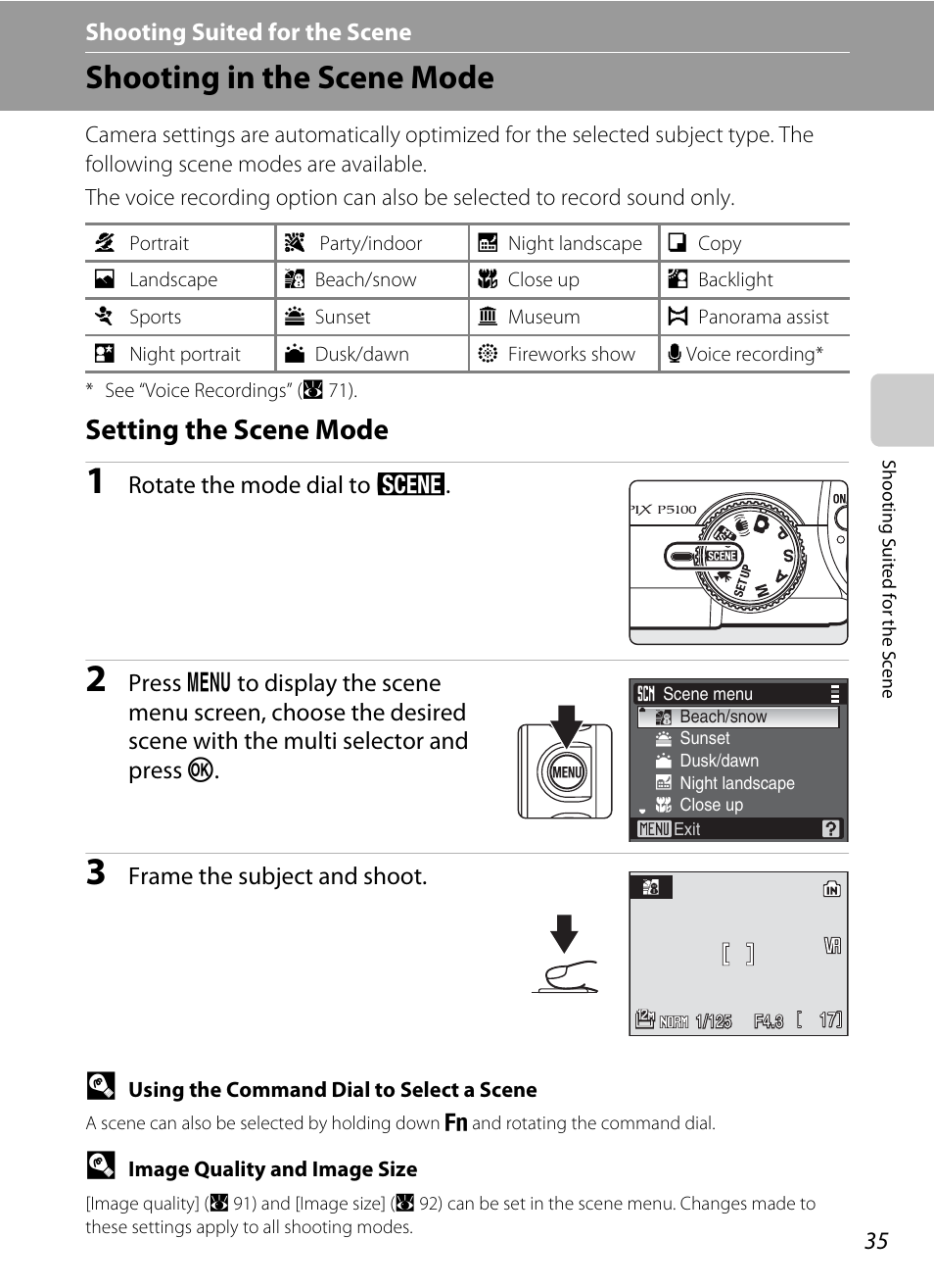 Shooting suited for the scene, Shooting in the scene mode, Setting the scene mode | C shooting suited for the scene, A 35) | Nikon P5100 User Manual | Page 49 / 176